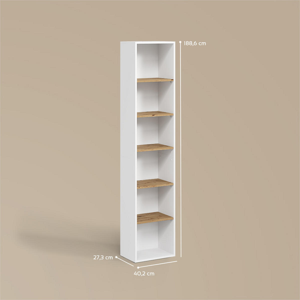 HOCHREGAL Paolina Weiß/Artisan 40.2 x 188.6 cm - Weiß/Eiche Artisan, Holzwerkstoff (40.2/188.6/27.3cm) - Livinity®