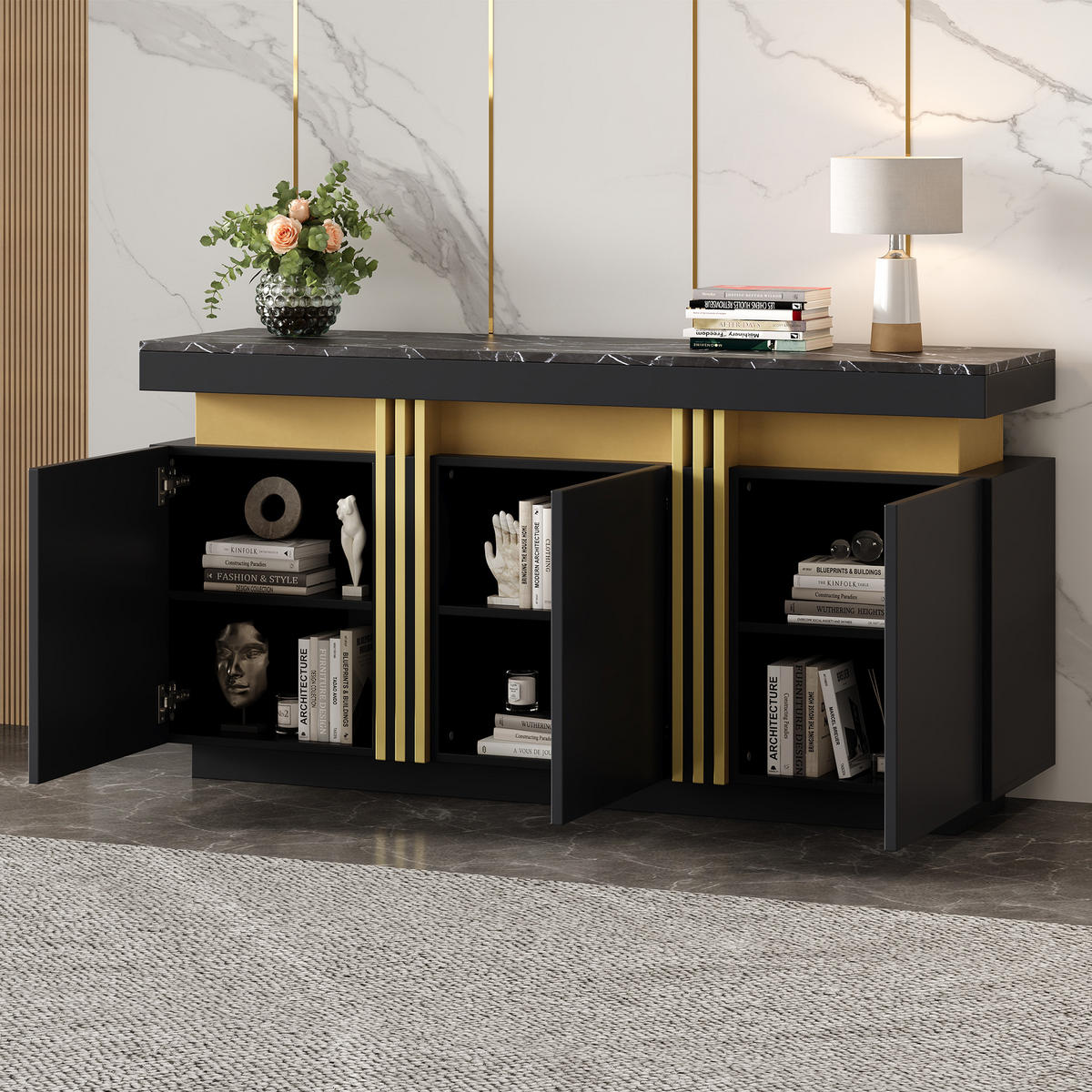 SIDEBOARD 140/38/70 cm in Schwarz mit 3 Türen und Marmoroptik - Schwarz, Holzwerkstoff (140/70/38cm) - BEAOK