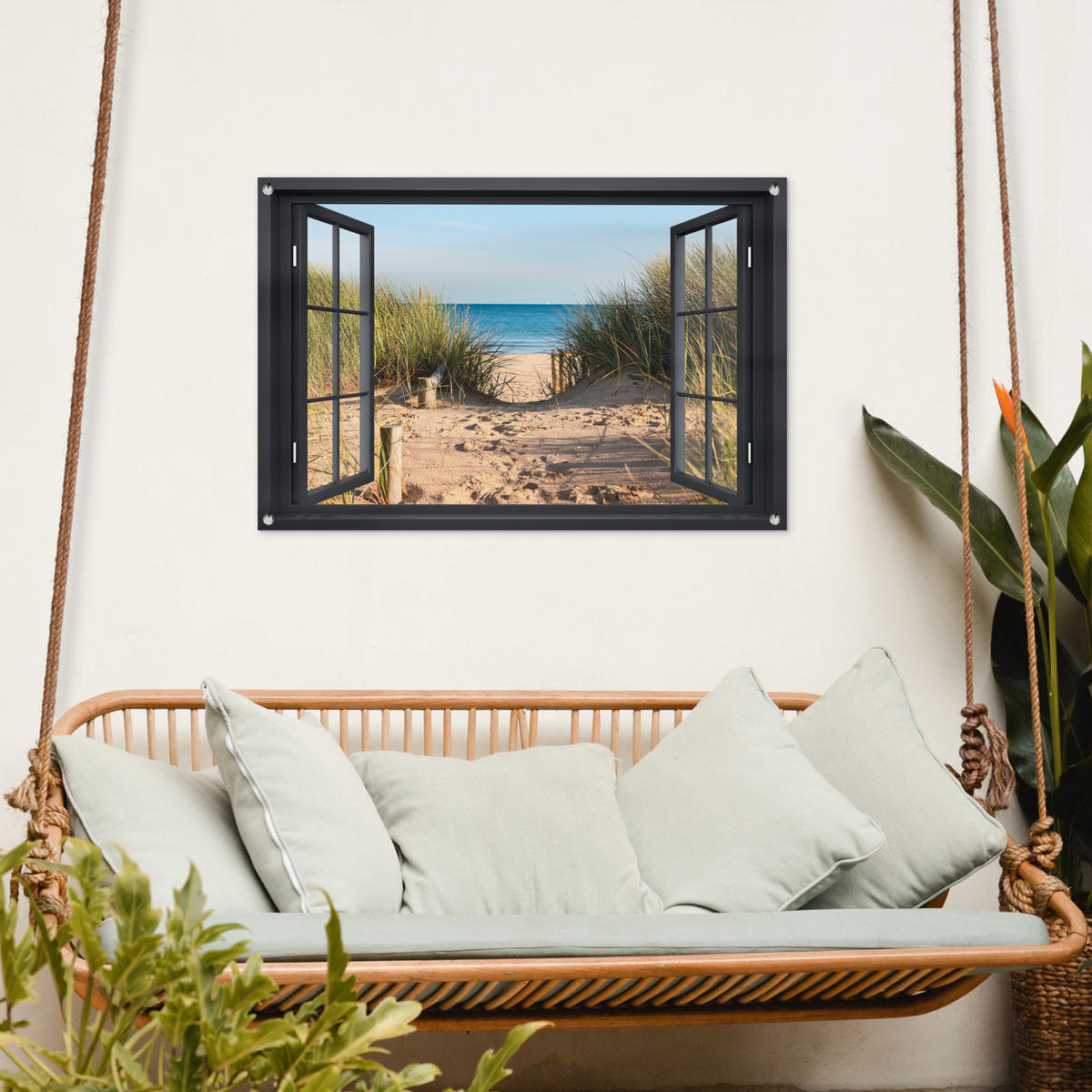 ZAHRADNÍ PLAKÁT Průhled - Pláž - Moře - Písek - Voda - Plážová tráva - Duny 90x60 cm - písková barva, plast (90/60/0.2cm) - OnlyWow