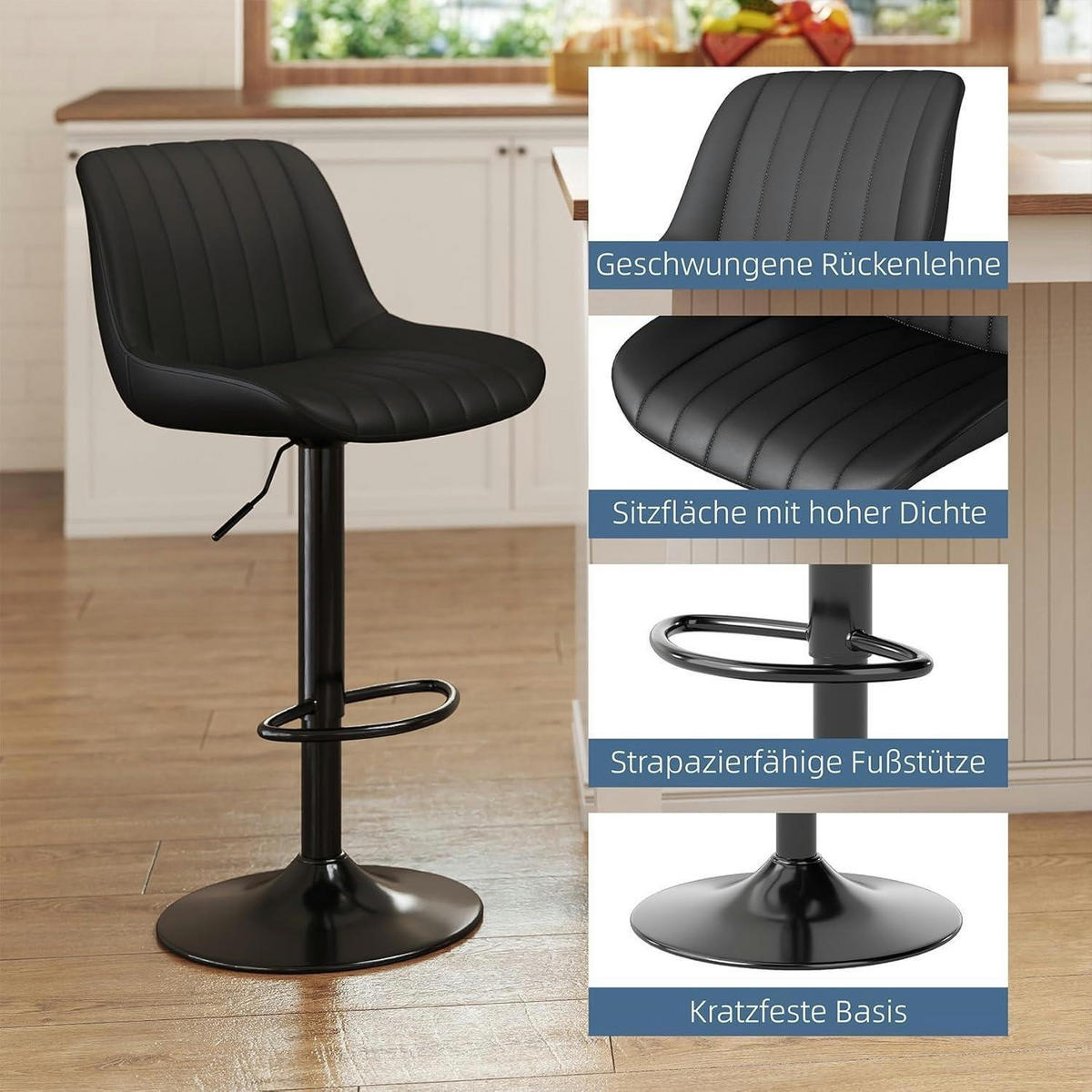 BARHOCKER 2er Set drehbar höhenverstellbar PU-Leder Schwarz - Schwarz, Kunststoff (46/109/37cm)