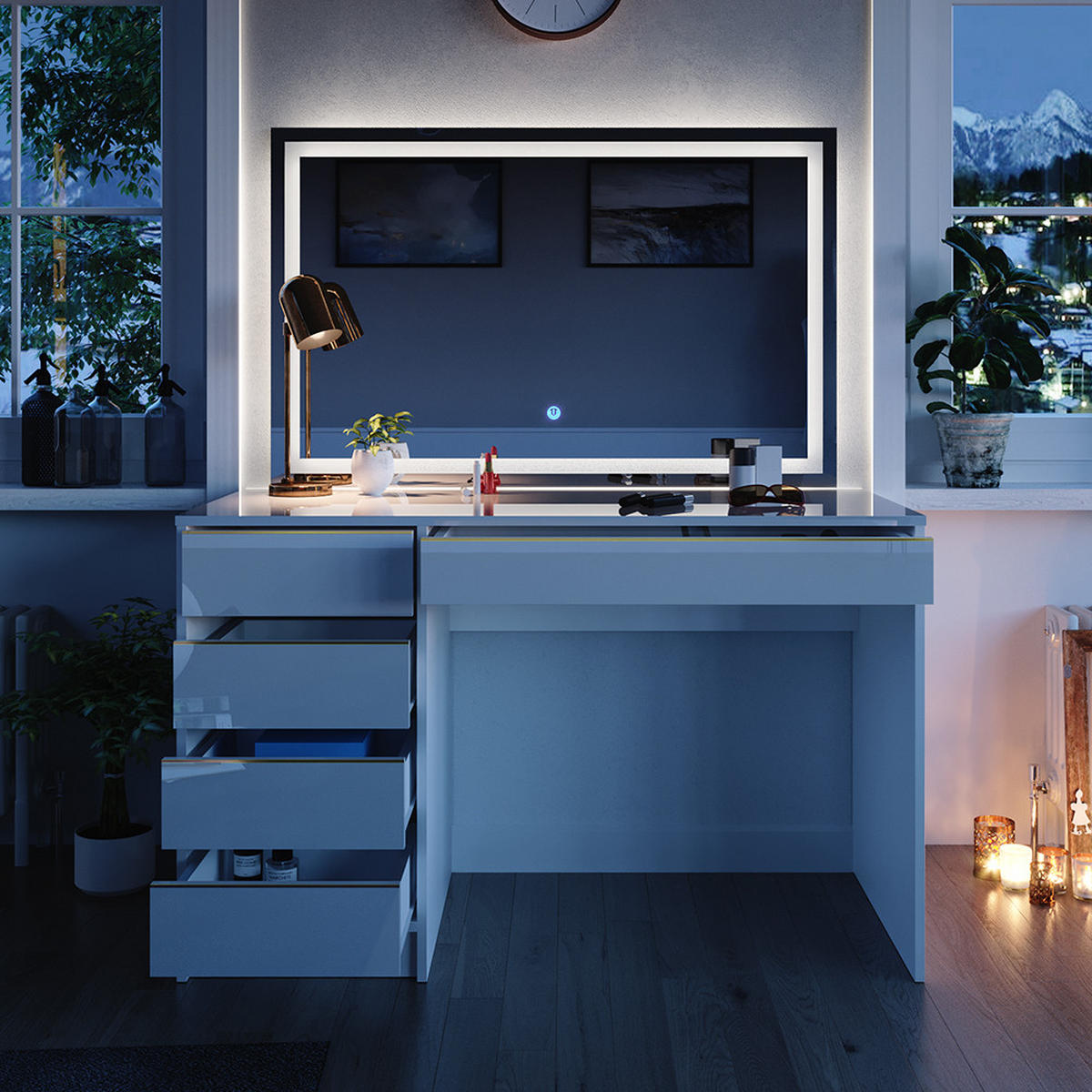 SCHMINKTISCH Sherry Weiß/Gold 120 cm mit LED-Spiegel - Goldfarben/Weiß, Holzwerkstoff (120/75/55cm) - Vicco