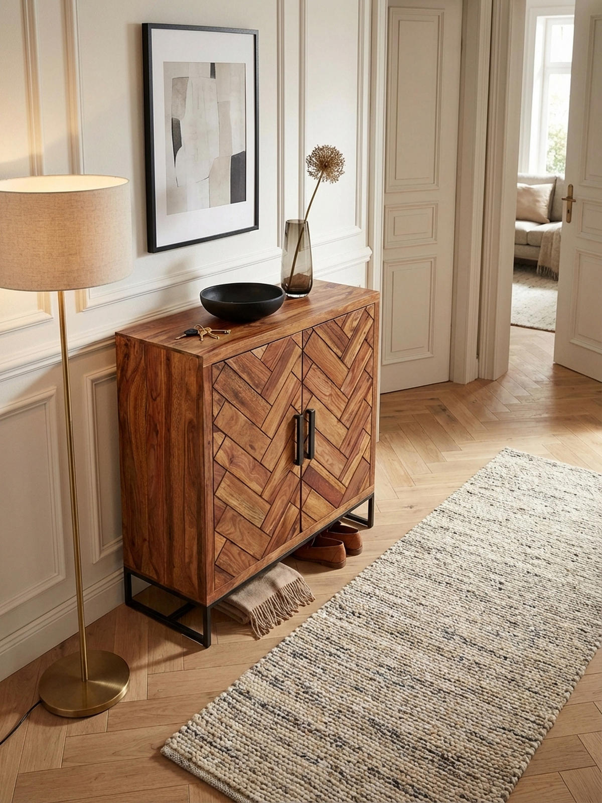 SCHUHSCHRANK – Massivholz, 100x105x40 cm, Fischgrätmuster, große Ablage - Schwarz/Braun, Holz/Metall (100/105/40cm) - KADIMA DESIGN