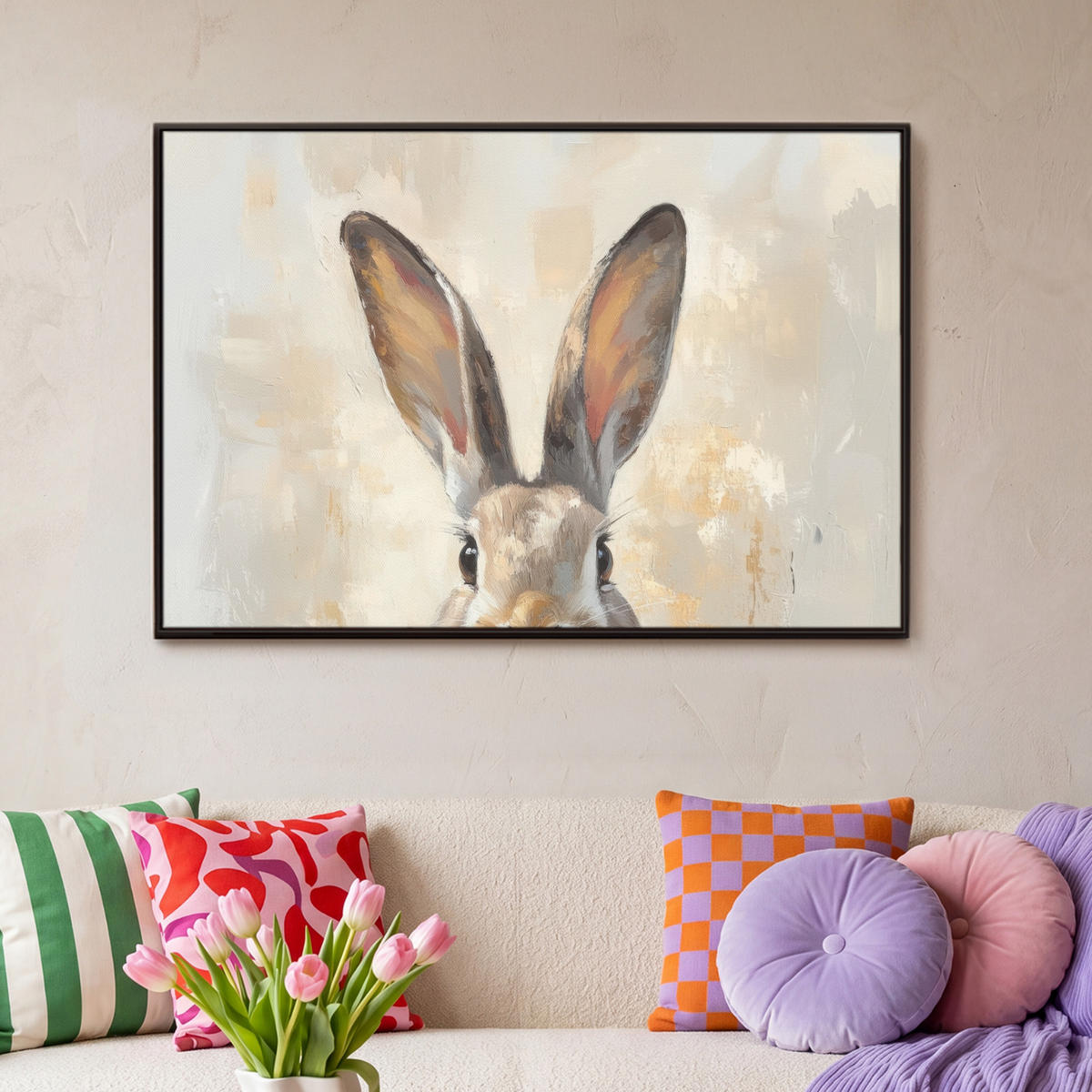 LEINWAND Bilder mit Rahmen - Hase - Ohren - Braun - 90x60 - Beige, Textil (90/60cm) - MuchoWow