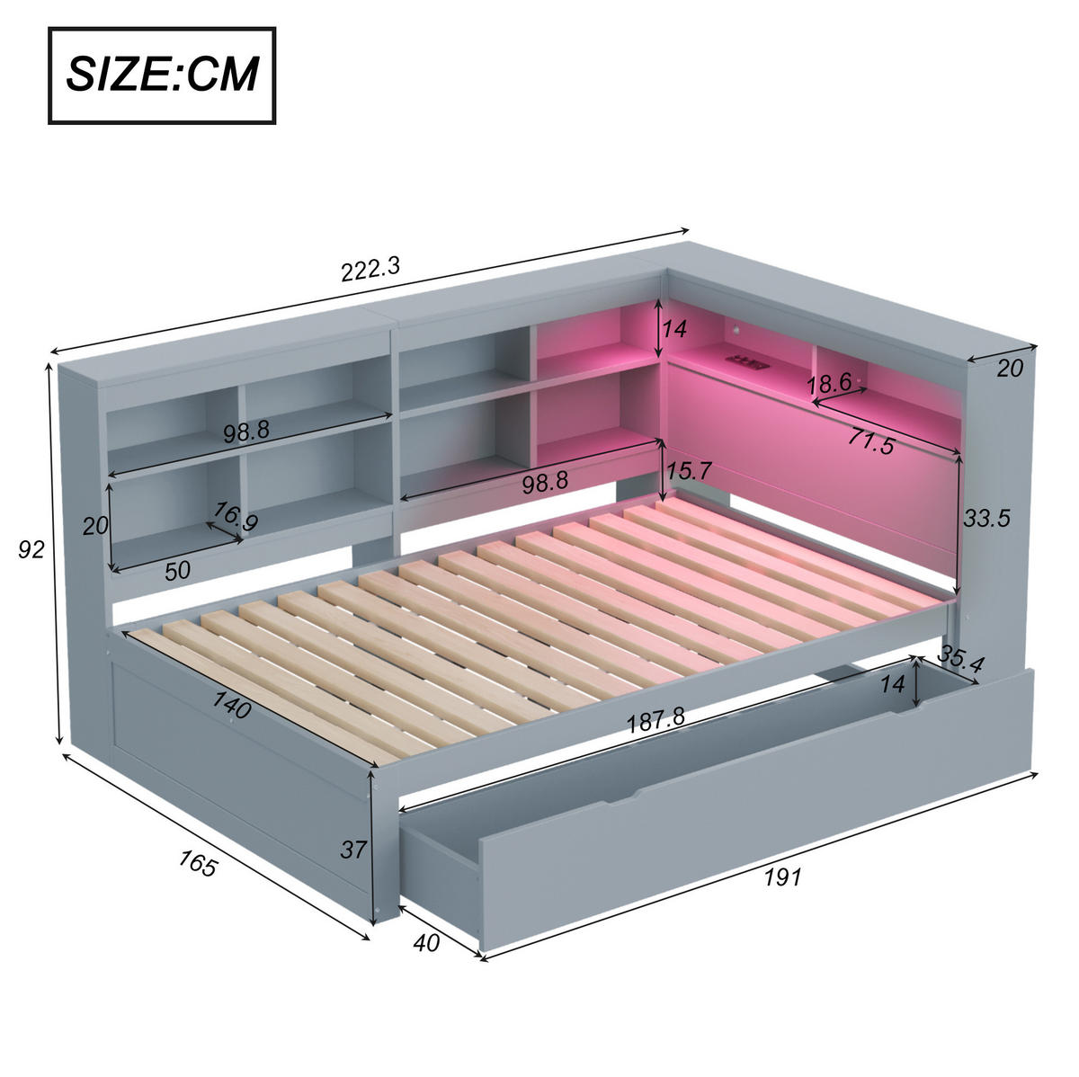 RAHMENBETT 140/200 cm in Grau mit Stauraum, LED-Beleuchtung und USB - Grau, Holz (140/200cm) - Flora Grace