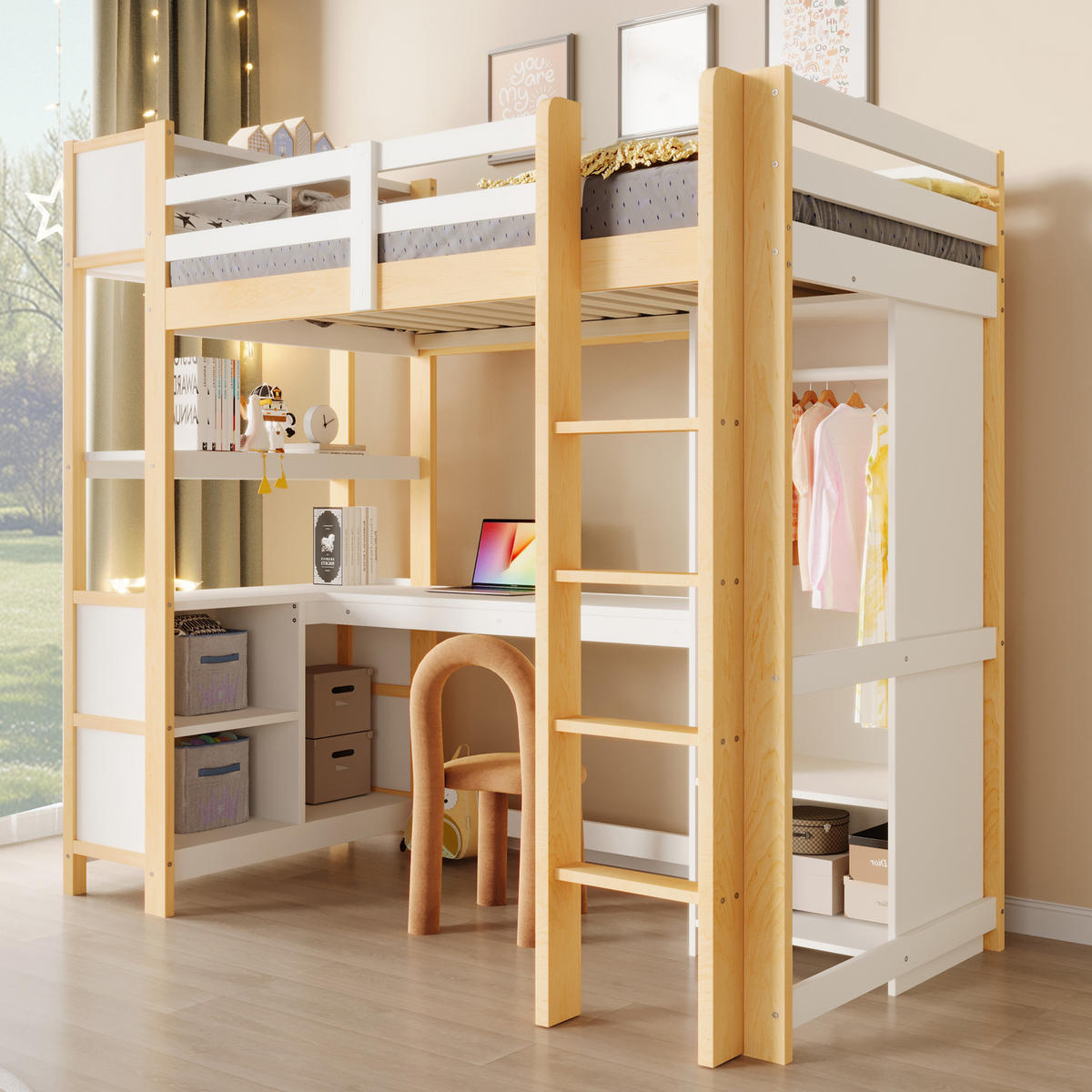 HOCHBETT 90/200 cm in Weiß/Natur mit Schreibtisch, Regalen und Kleiderschrank aus Kiefer - Naturfarben, Holz/Holzwerkstoff (90/200cm) - CHICFURN