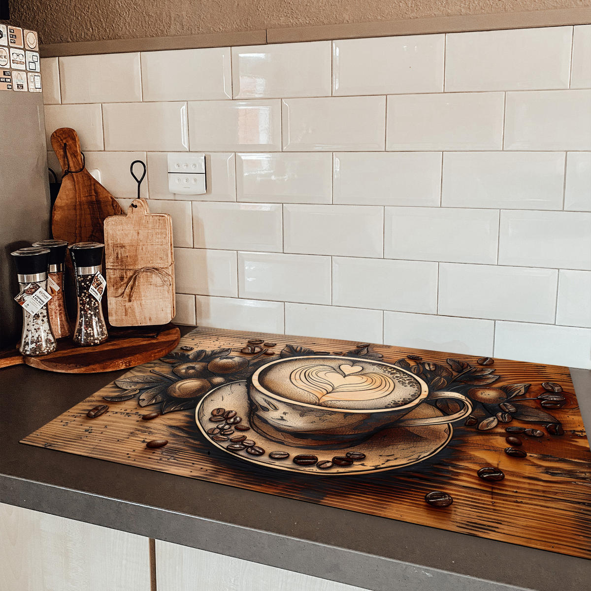 HERDABDECKPLATTE Kaffee - Vintage - Braun - Tasse - Holz Induktionsschutz 81.6x52.7 cm - Cappuccino, Kunststoff (81.6/52.7/0.2cm) - MuchoWow