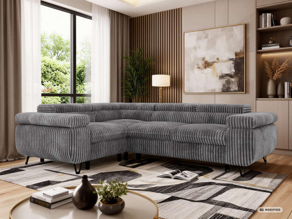 ECKSOFA FALCO L - Grau Cord - Links Seite - Schwarz/Grau, Textil/Metall (197/268cm) - MKS
