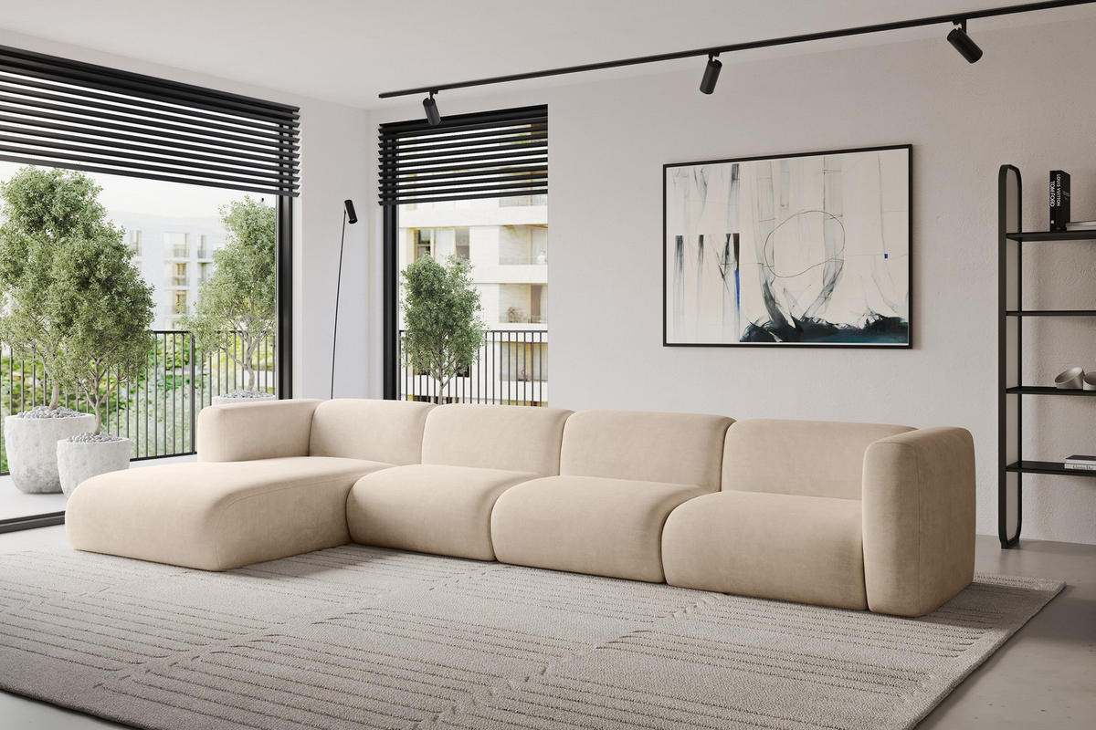 ECKSOFA Ottomane Links MIRA-L3 409x179x70 Beige Velours - Greige/Beige, Holzwerkstoff/Kunststoff (409/179cm) - ALTDECOR