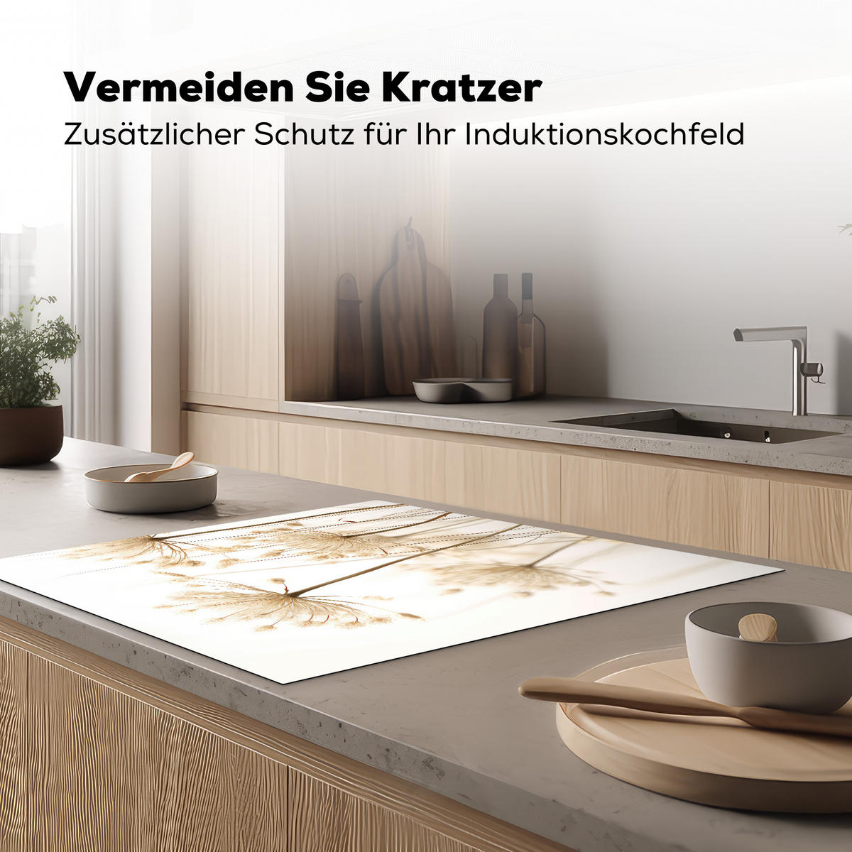 HERDABDECKPLATTE Blumen - Weiß - Sonnenlicht Induktionsmatte 78x78 cm - Ecru, Kunststoff (78/78/0.2cm) - MuchoWow