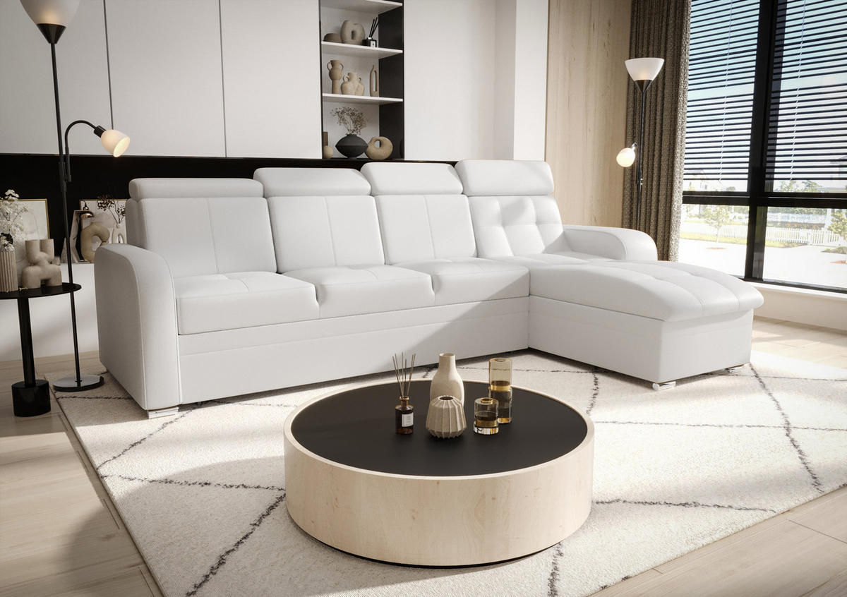 ECKSOFA KONGO RBN10, Eckcouch in L-Form mit Schlaffunktion, Farbe: Weiß, Kunstleder, Ottomane Rechts - Weiß, Textil (315/169cm) - O-Sofa