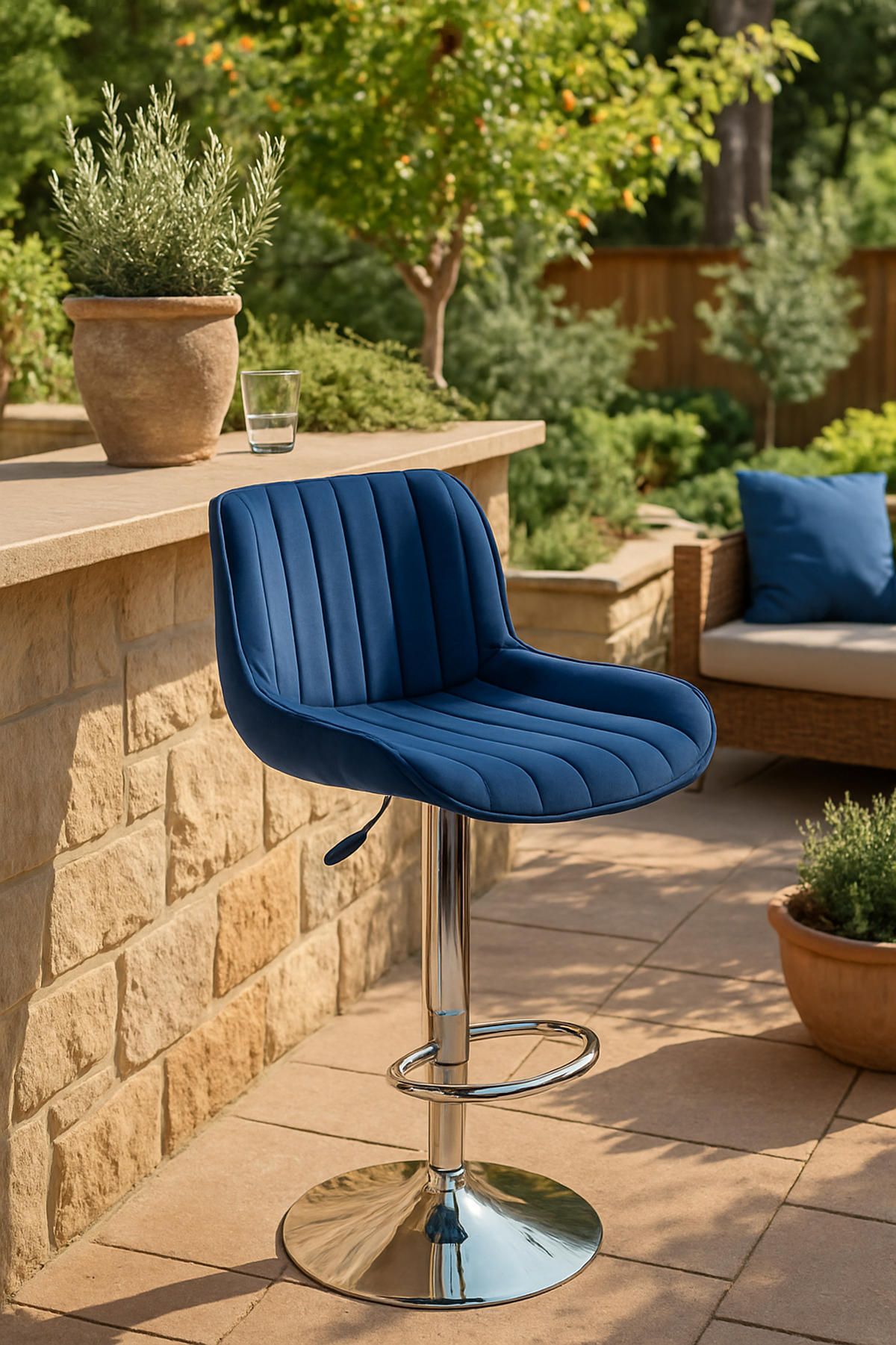 BARHOCKER Lento Gestell Metall in Chromoptik Samt Blau - Blau/Chromfarben, Textil/Metall (50/108/50cm) - TPFLiving