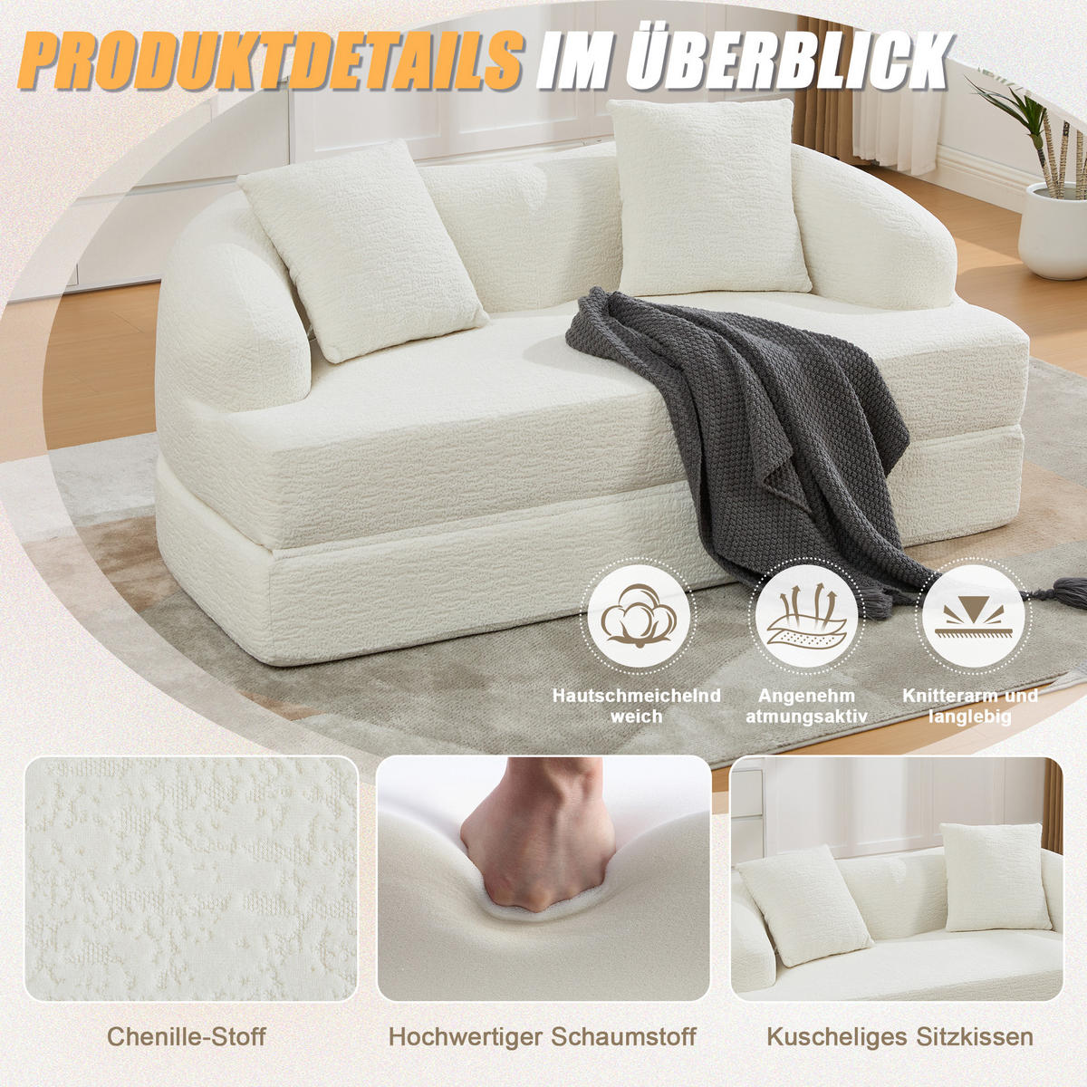 SCHLAFSOFA, 2 Sitzer aus Chenille, Klappsofa Bodensofa mit Schlaffunktion, Beige - Beige, Textil (157/44/153cm) - LVHOM
