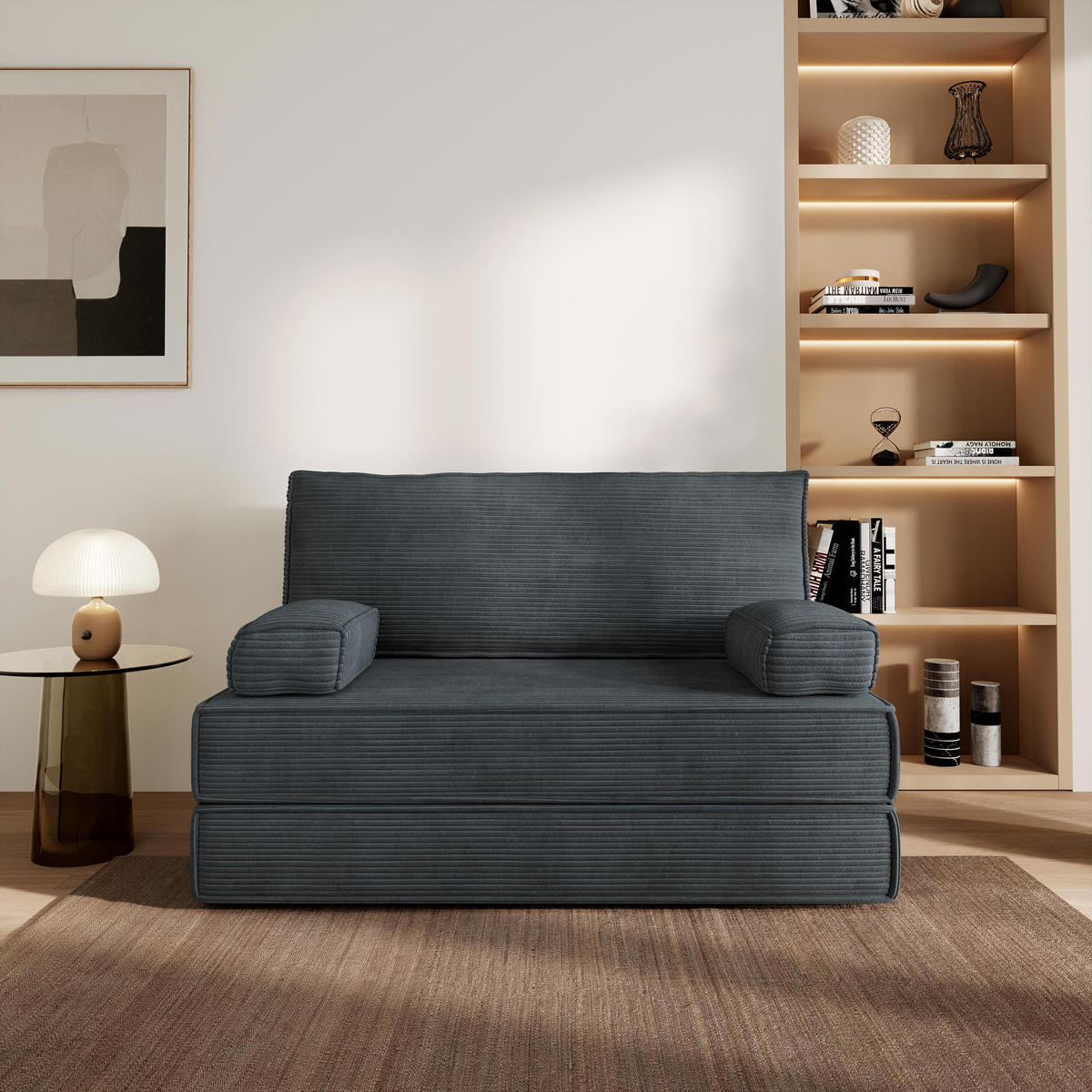 BETTSOFA LADIA aus Schaumstoff Cordstoff Grau Schlaffunktion - Dunkelgrau, Textil (140/86/60cm) - MASSENO