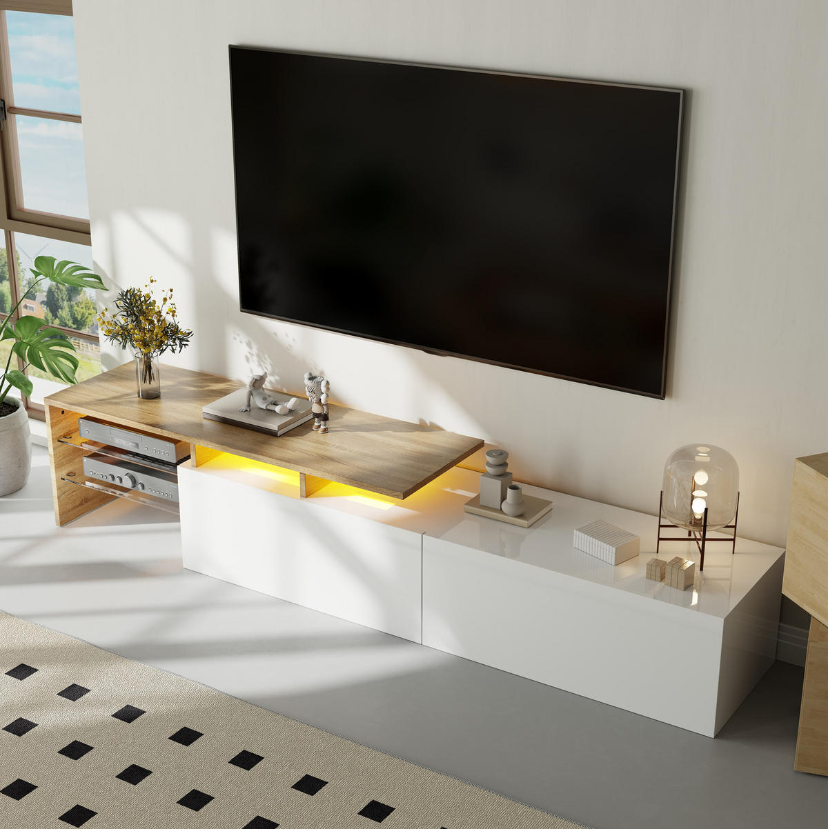 TV-SCHRANK aus Spanplatte 170x33x33,5 cm Weiß/Natur mit LED-Beleuchtung, Glasböden und Stauraum - Weiß, Holzwerkstoff (170/33.5/33cm) - Modfu