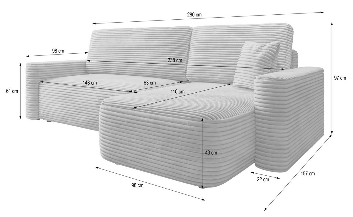 ECKSOFA NERI T Braun Kordstoff mit Schlaffunktion - Braun, Holzwerkstoff/Textil (280/157cm) - MASSENO