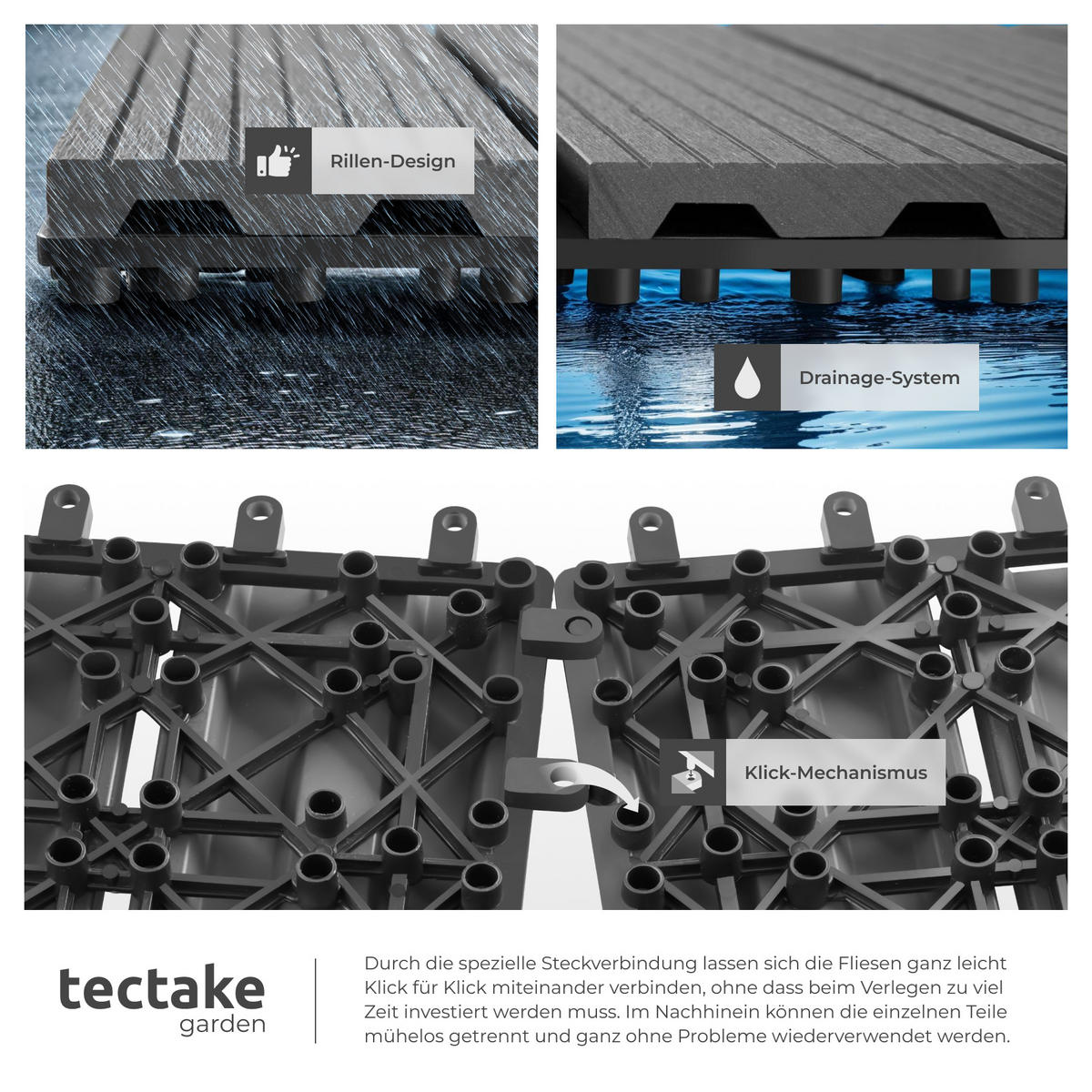 TERRASSENFLIESEN Tegulas,31 x 31 x 2,2 cm,grau - Grau, Kunststoff (31/31/2.2cm) - tectake