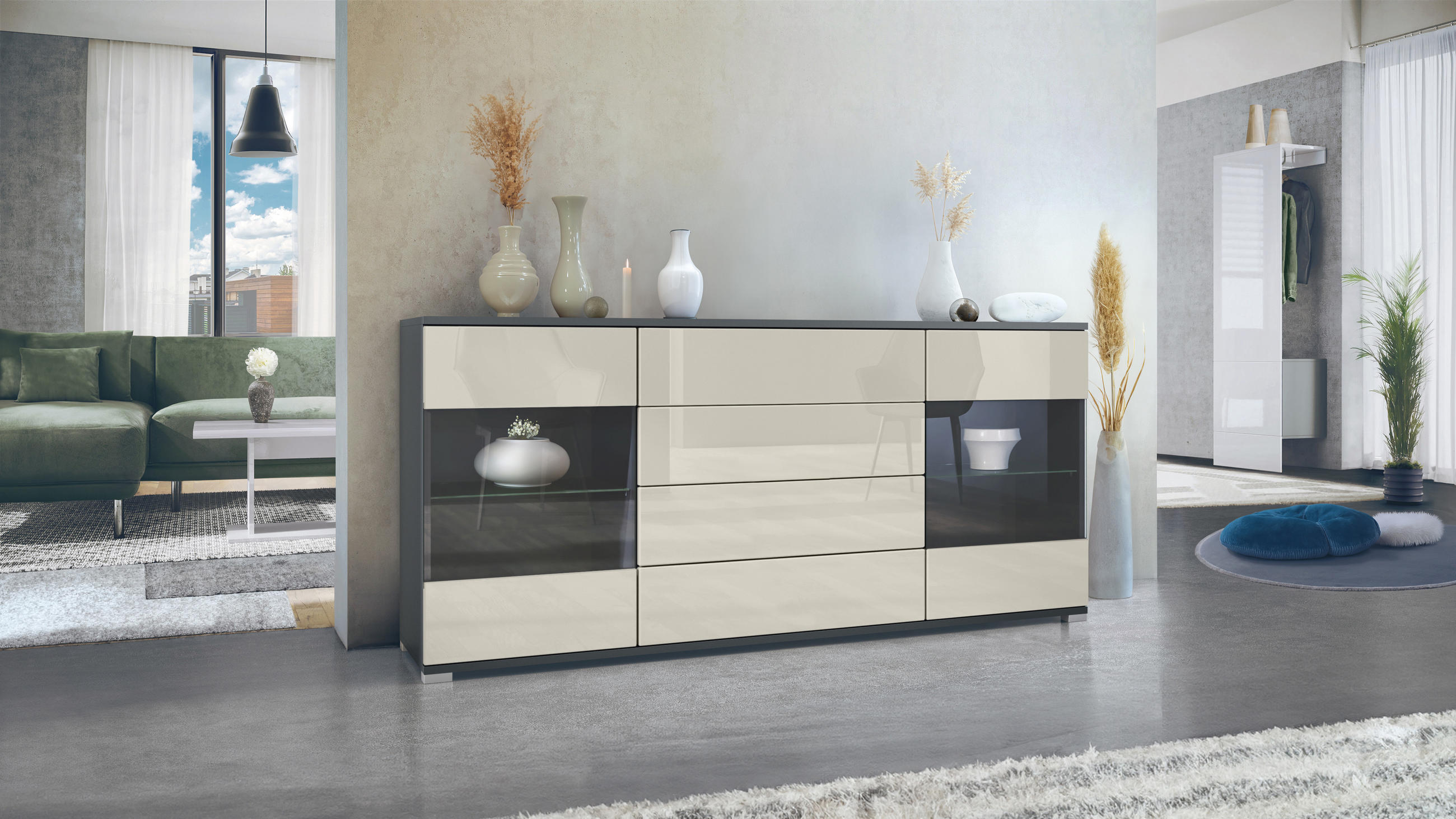 SIDEBOARD Bari Creme Hochglanz - Creme, Holzwerkstoff (166.5/75.5/35cm) - Vladon