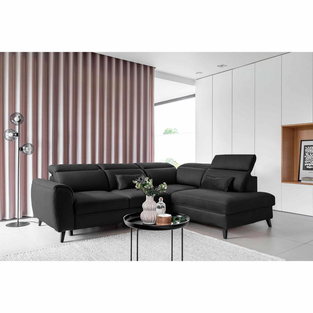 ECKSOFA mit Schlaffunktion & Bettkasten - Dunkelgrau/Schwarz, Holz/Textil (201/255cm) - Eltap