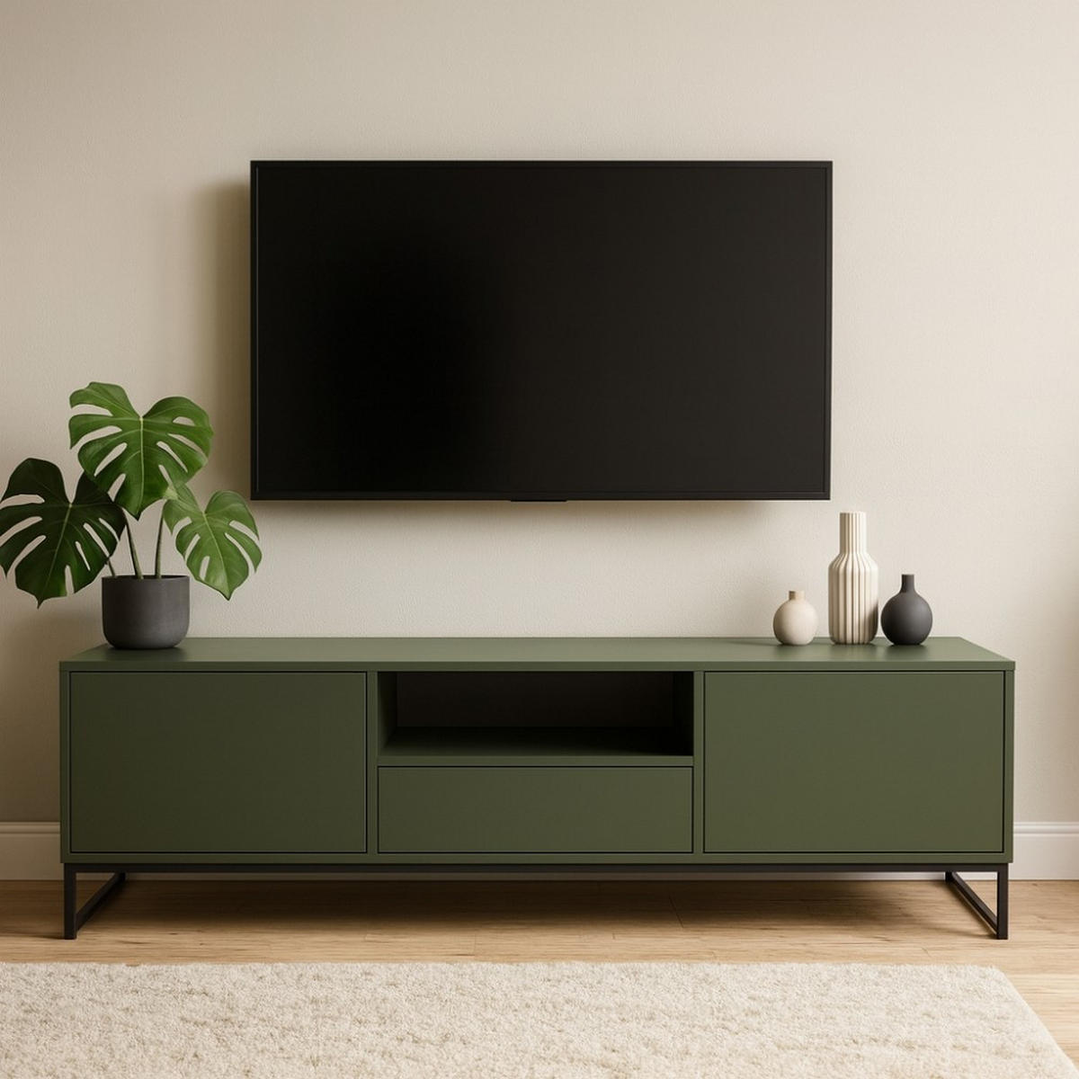 LOWBOARD Giana mit 2 Türen und Schublade, 160 cm, Flaschengrün - Dunkelgrün/Schwarz, Holzwerkstoff (160/48.5/45cm) - Beautysofa