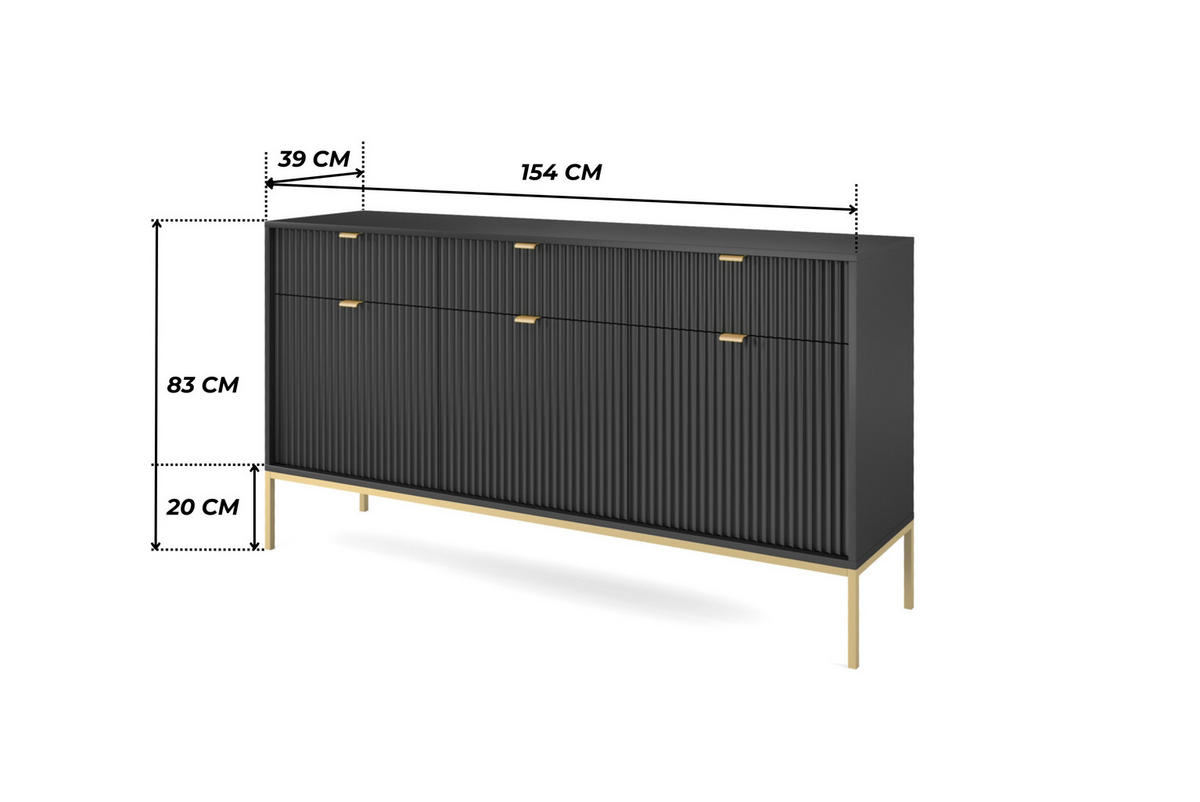 SCHWARZE Moderne Geriffelte Kommode KIOTO K3D3SZ (Gold Gestell, Soft-Close Türen) - Goldfarben/Schwarz, Holz/Holzwerkstoff (154/83/39cm) - Ravio