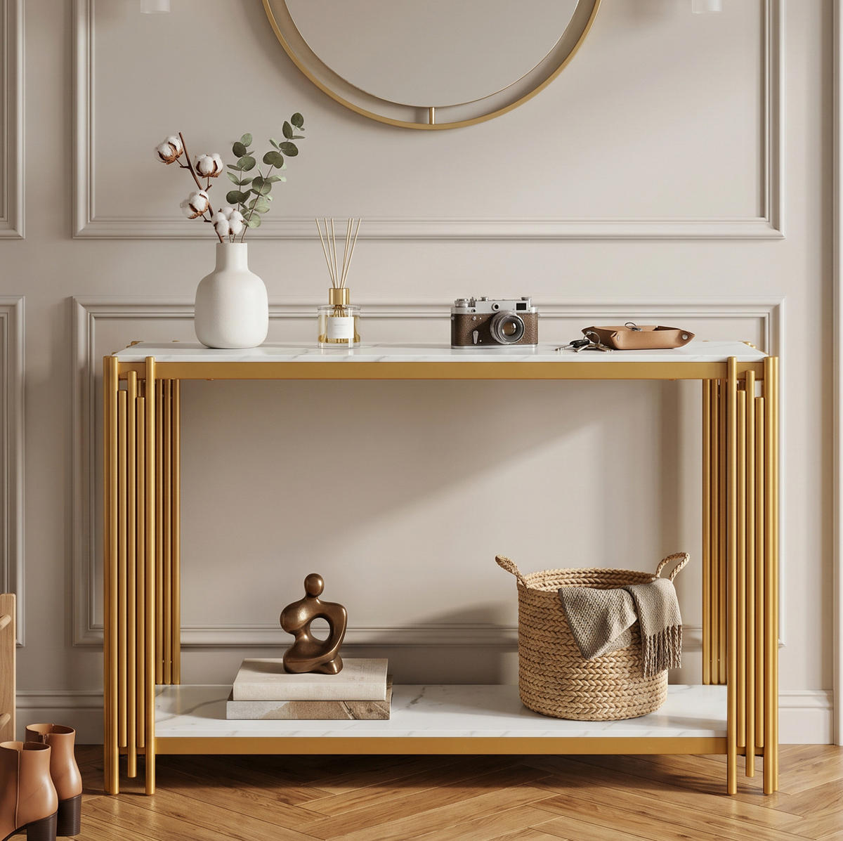 KONSOLENTISCH aus MDF und Metall 123,5x33,5x80 cm Gold/Weiß mit 2 Ablagen - Goldfarben, Holzwerkstoff (123.5/33.5/80cm) - IVMEU