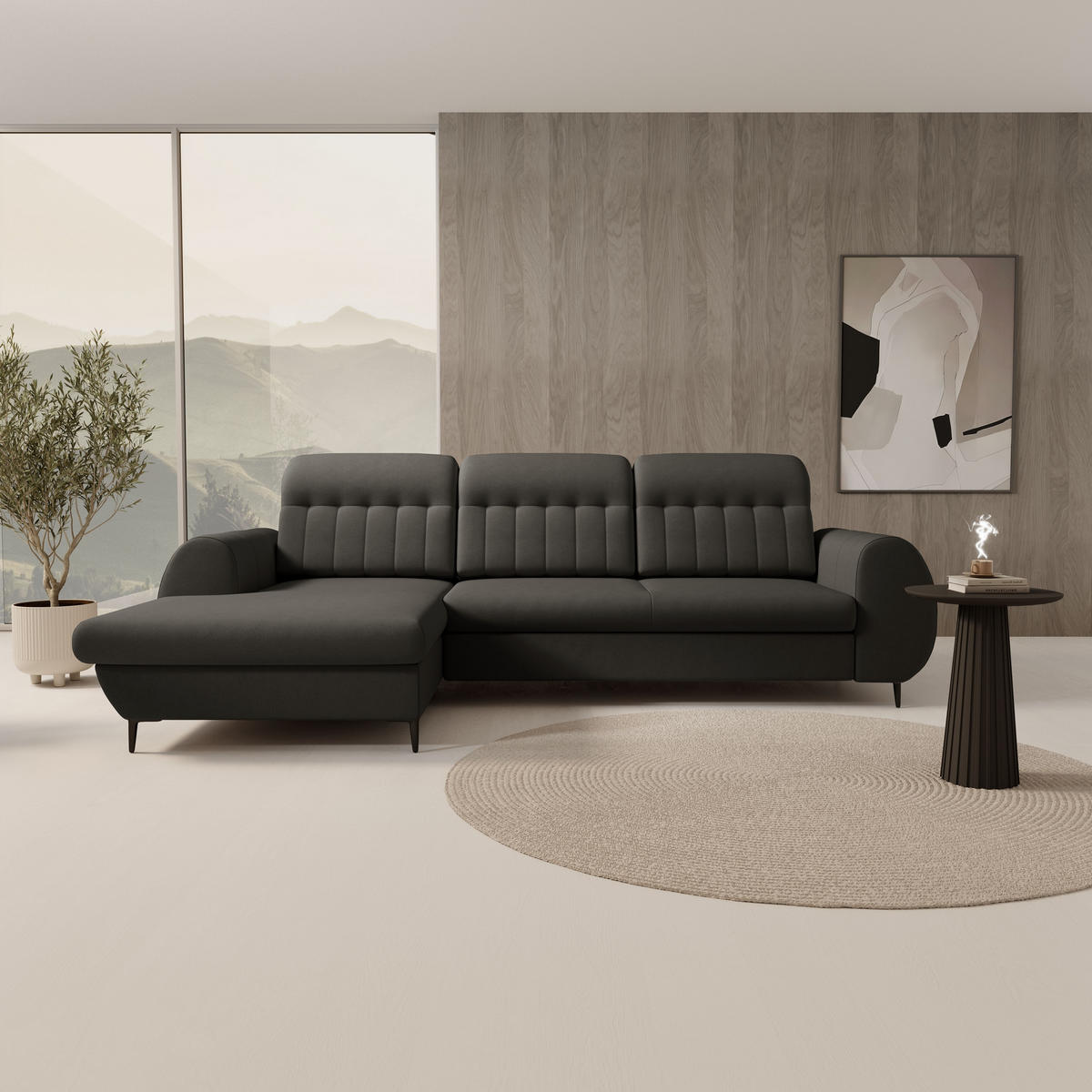 ECKSOFA PURO L-S Grau Plüsch-Stoff mit Schlaffunktion - Grau, Holz (275/166cm) - MASSENO