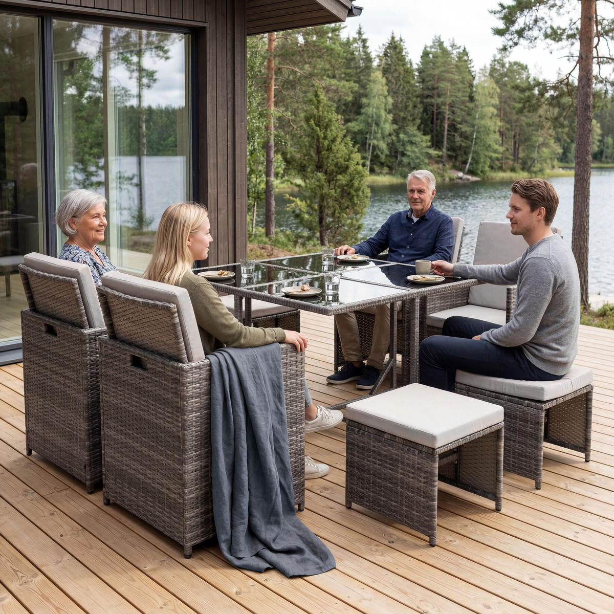 RATTAN SITZGRUPPE Bilbao, zusammenschiebbar, inklusive Schutzhülle, grau - Grau, Kunststoff - tectake