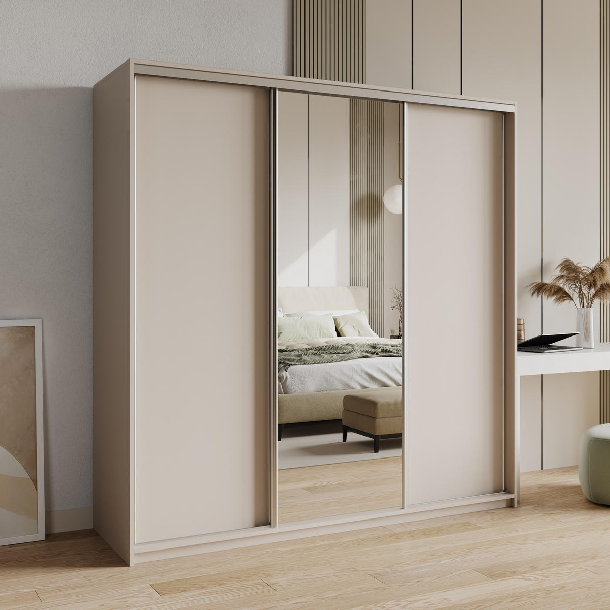 SCHWEBETÜRENSCHRANK TAVI 180/205/60 cm 3-türig mit Spiegel und Schubladen Kaschmir - Kaschmir/Nickelfarben, Holzwerkstoff (180/205/60cm) - MASSENO