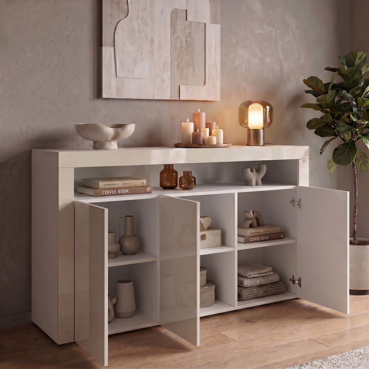 SIDEBOARD Valencia Creme Hochglanz / Creme Hochglanz - Creme, Holzwerkstoff (155/92/40cm) - Vladon
