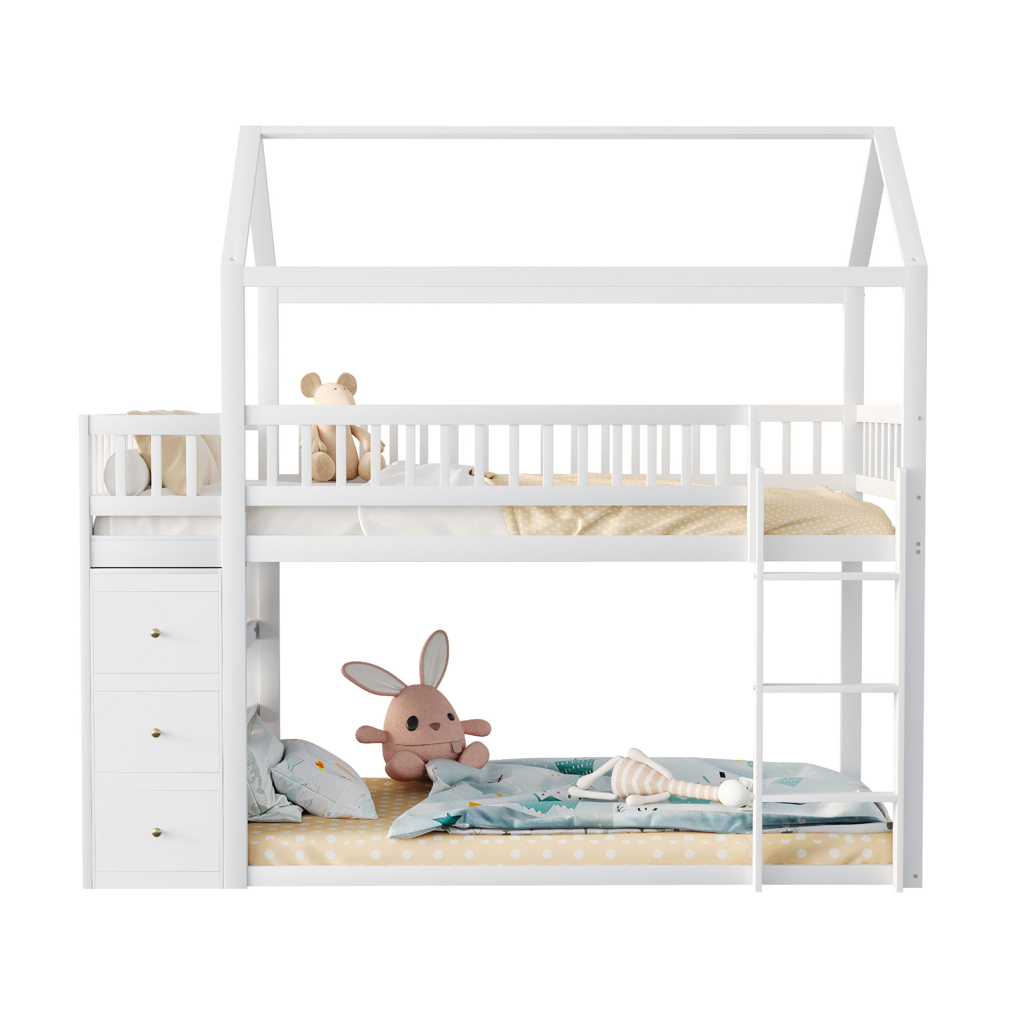 ETAGENBETT 90/200 cm Hausform mit Aufbewahrungskommode und Regalen - Weiß, Holz (90/200cm) - OKWISH