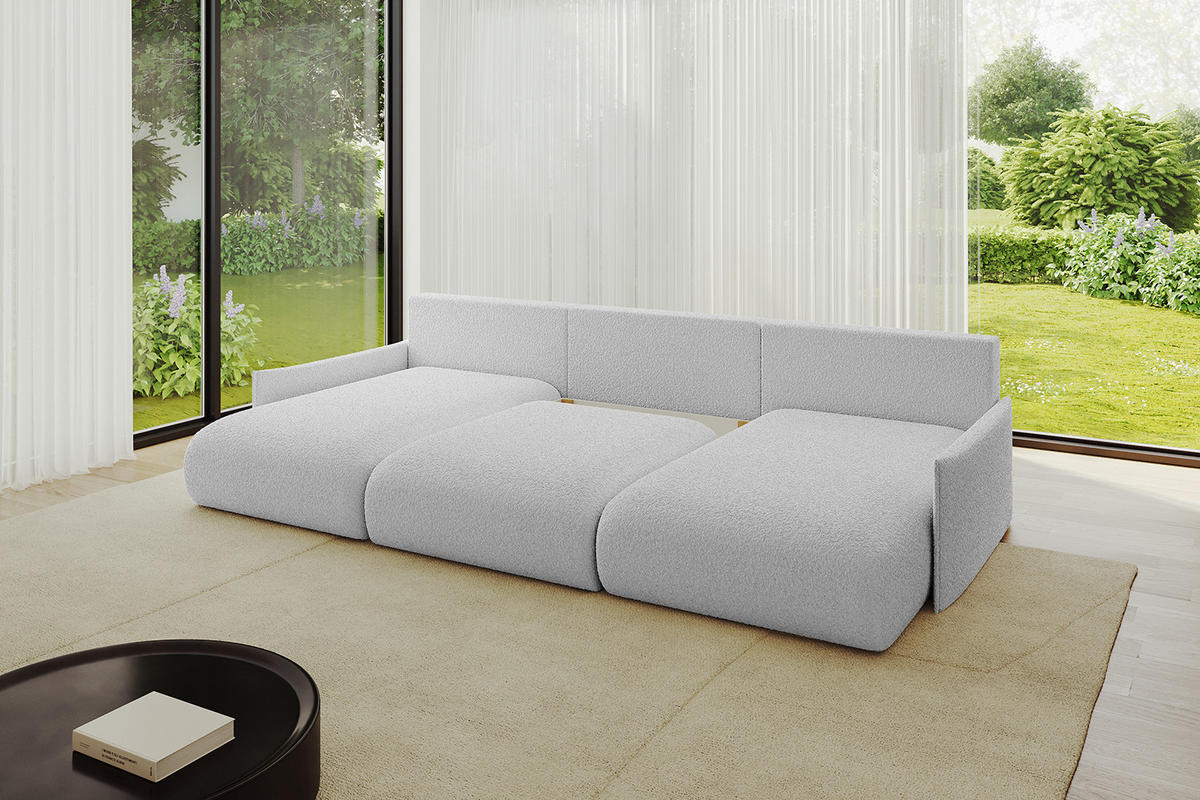 WOHNLANDSCHAFT mit Schlaffunktion und Bettkasten ONESK-U-v1 304x165x40 Hellgrau Bouclé - Hellgrau, Holzwerkstoff/Kunststoff (304/90/165cm) - ALTDECOR