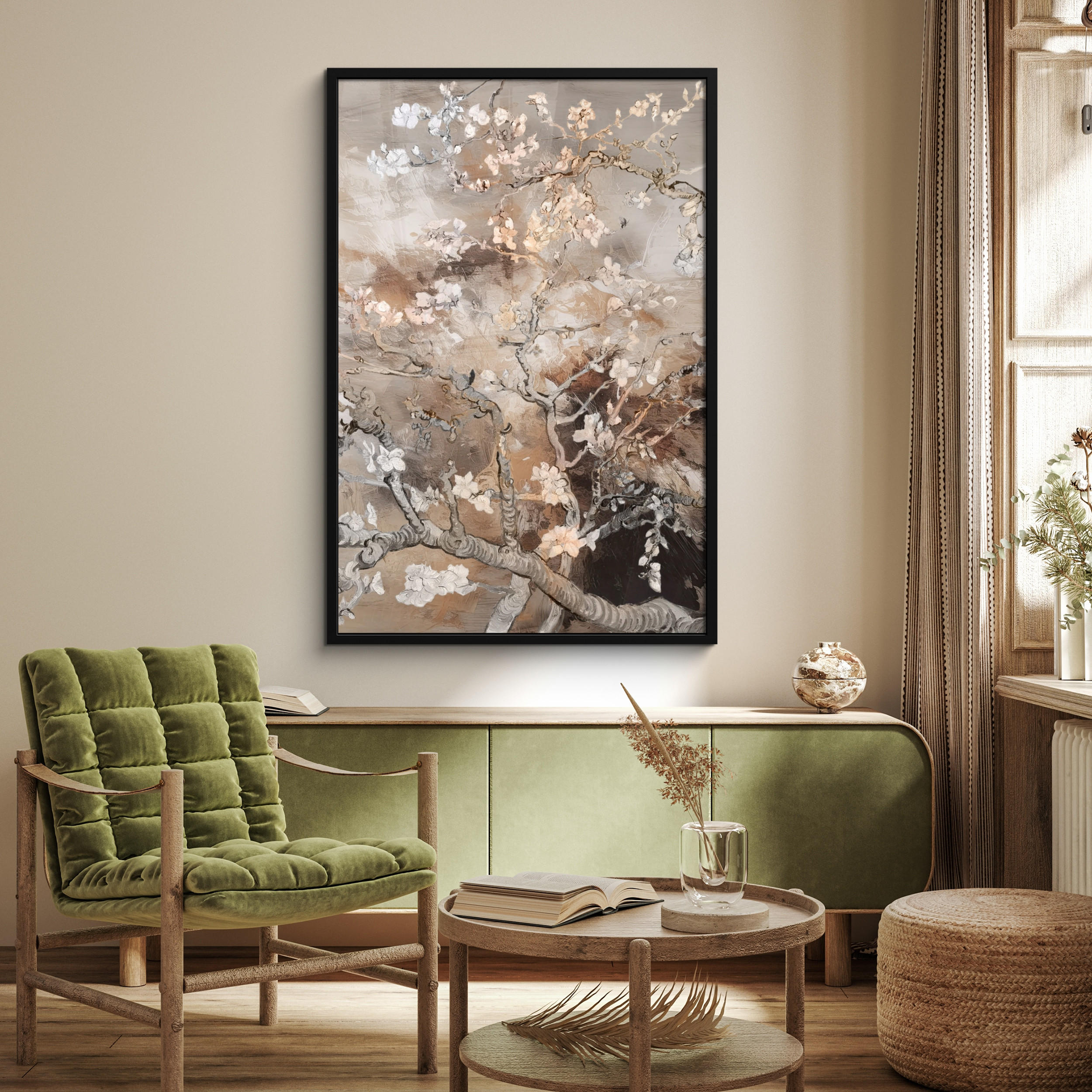 GERAHMTES BILD Mandelblüte - Kunst - Van Gogh - Beige - Abstrakt 80x120 cm - Braun, Papier (80/120cm) - MuchoWow