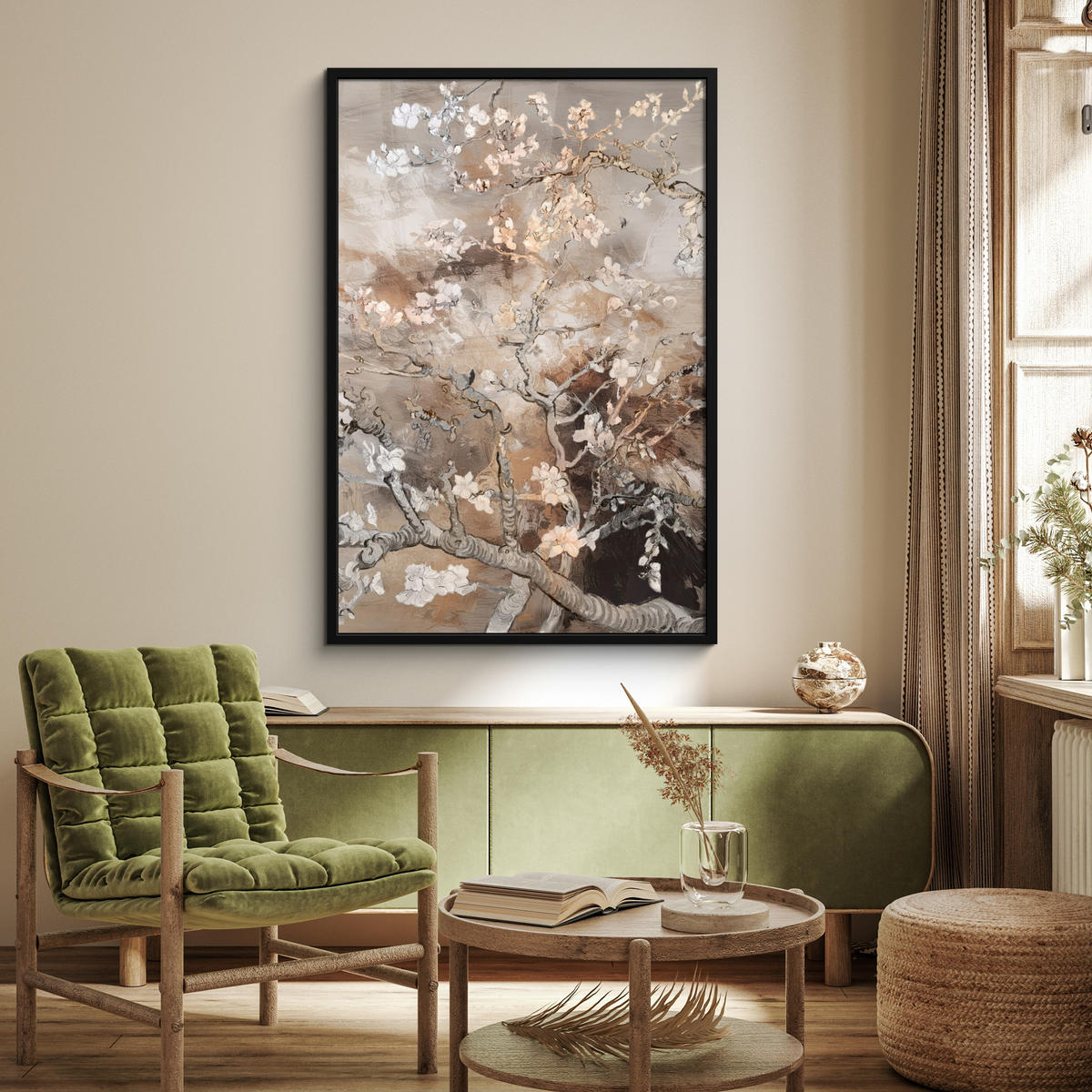 GERAHMTES BILD Mandelblüte - Kunst - Van Gogh - Beige - Abstrakt 80x120 cm - Braun, Papier (80/120cm) - MuchoWow