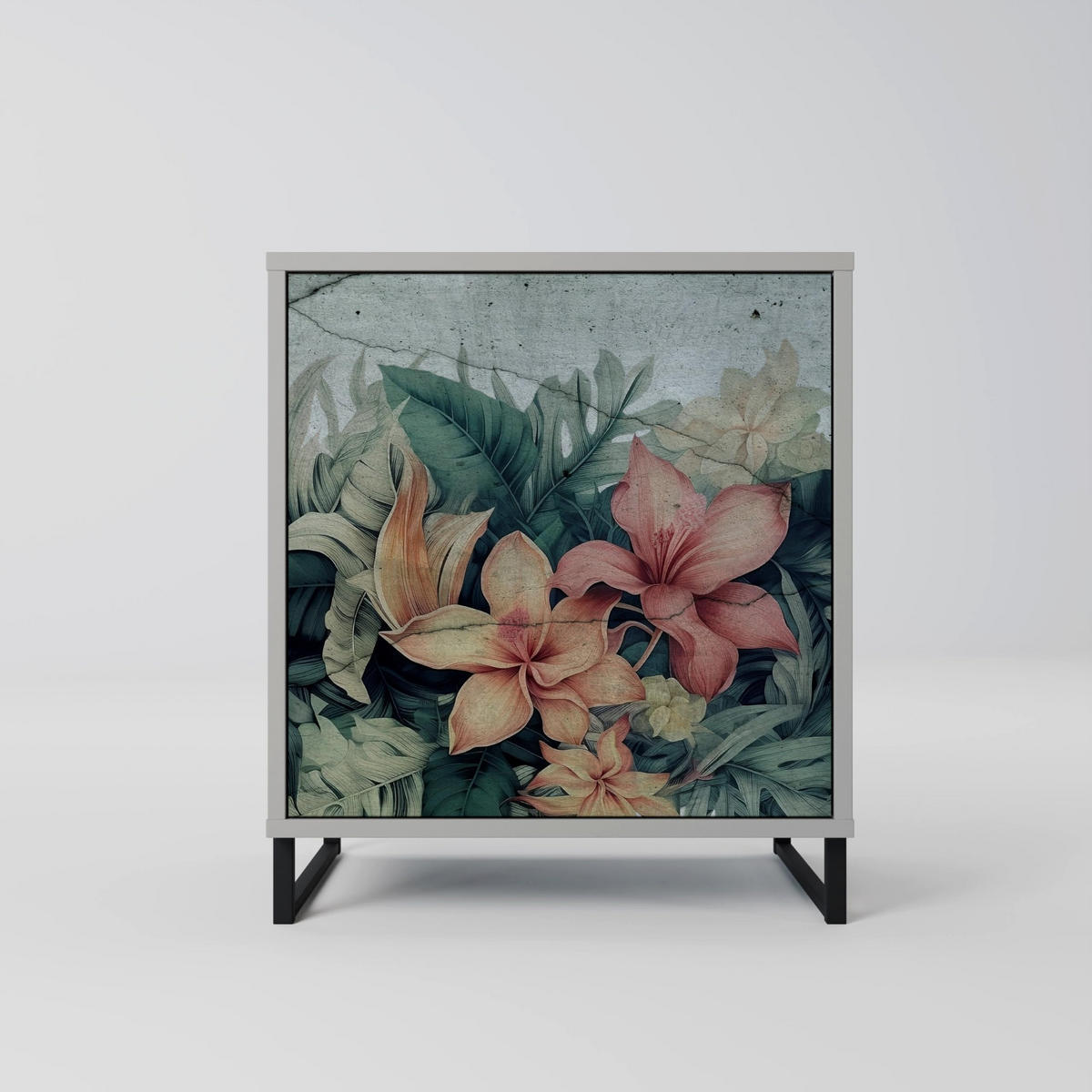 SIDEBOARD HEAVENLY BLOOM, Grau, 57,5x42x70,5 cm, Schwarze Metall-Sternfüße - Multicolor/Schwarz, Holzwerkstoff/Metall (57.5/70.5/42cm) - SpaceRebels