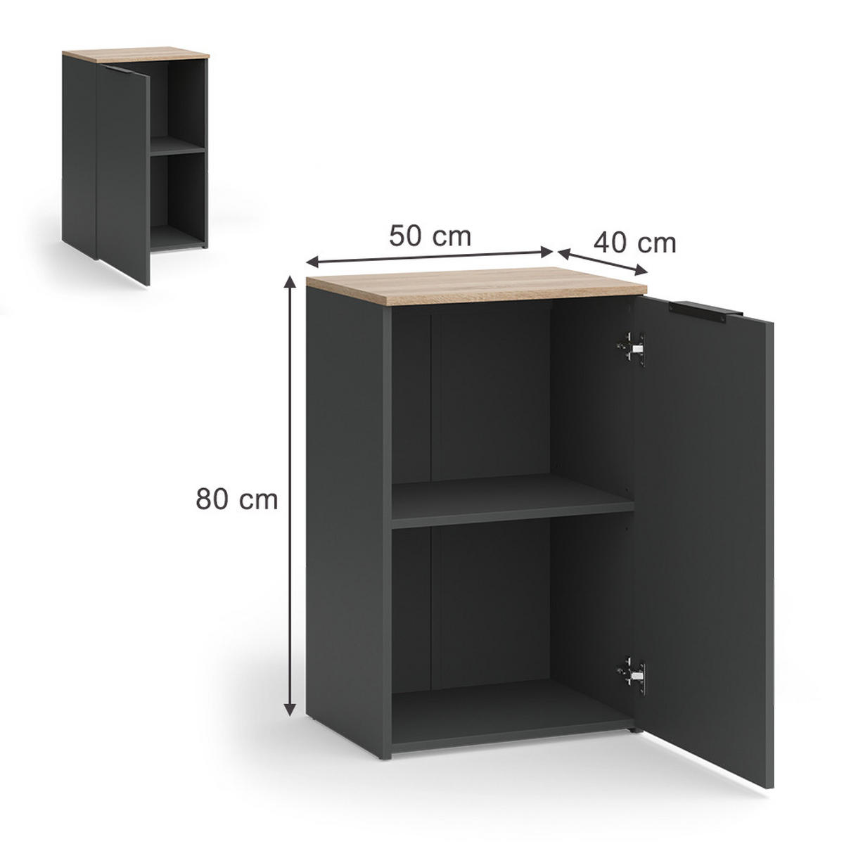 KOMMODE Wido Anthrazit 50 x 80 cm mit Regal - Anthrazit/Sonoma Eiche, Holzwerkstoff (50/80/40cm) - Vicco