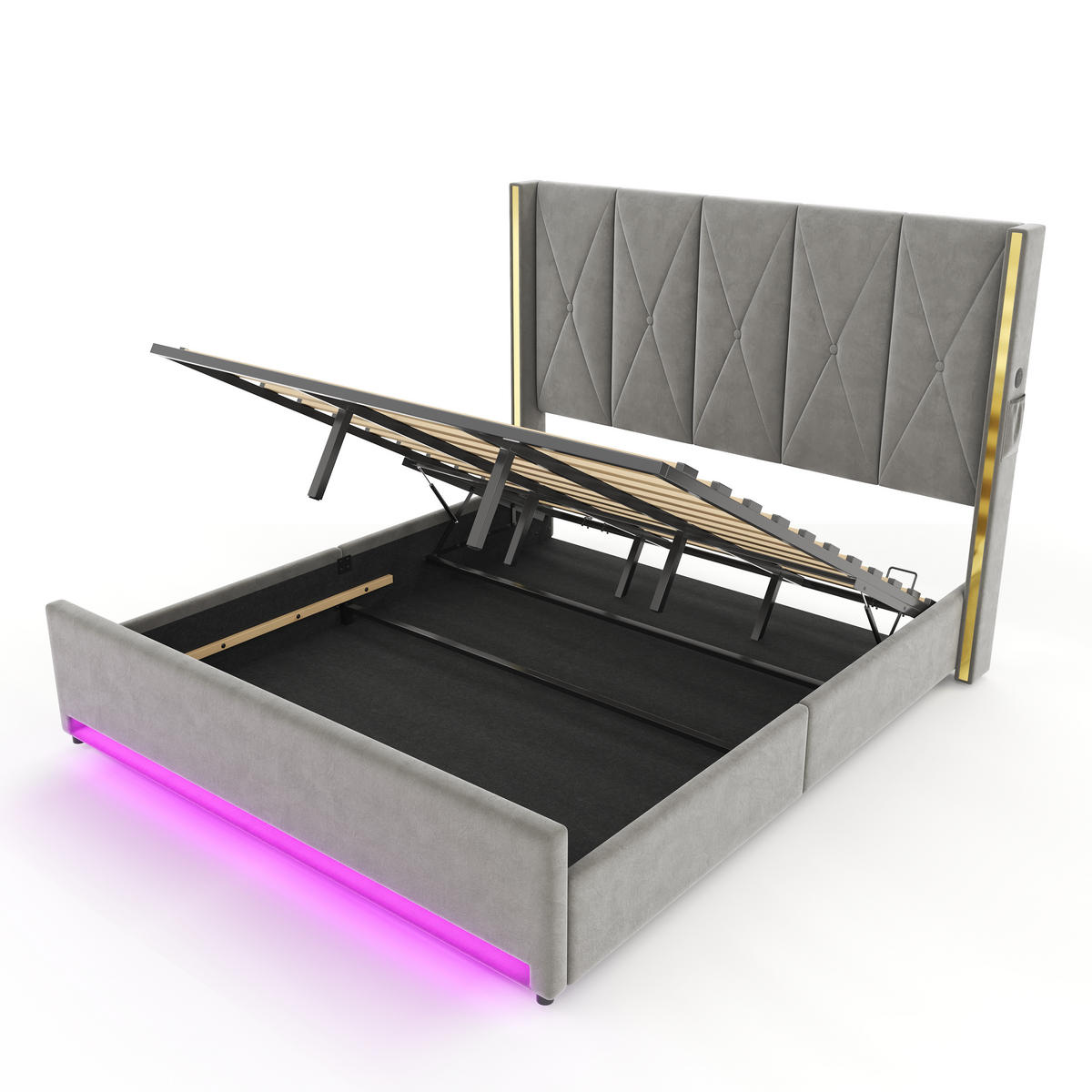 POLSTERBETT 180/200 cm in Dunkelgrau mit Bettkasten, Seitentaschen, LED und USB/Type-C Samt - Dunkelgrau, Holzwerkstoff/Textil (180/200cm) - STILVORA