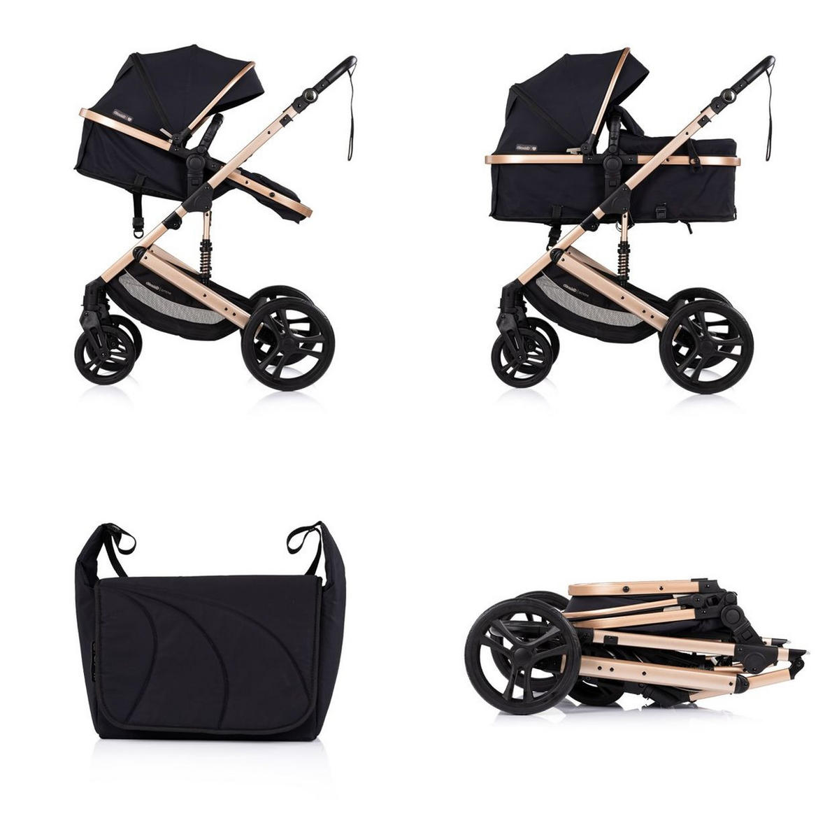 KOMBIKINDERWAGEN 2 in 1 Amore black Getränkehalter Wickeltasche Fußabdeckung Korb - Schwarz, Metall (95/63/105cm) - Chipolino