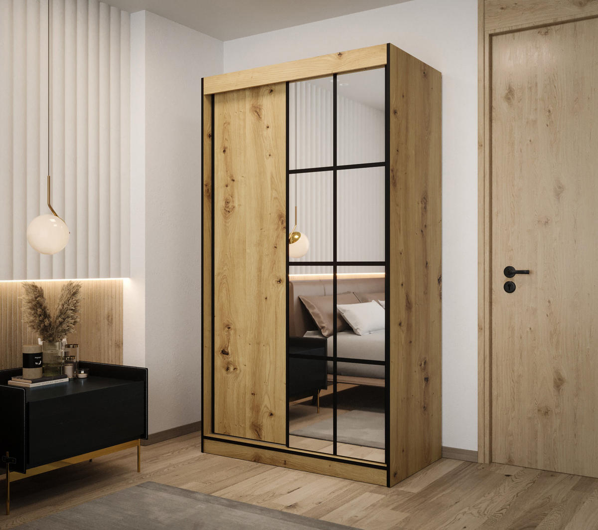 SCHIEBETÜRENSCHRANK MODENA 2 120, 2-türig Kleiderschrank mit 1 Spiegel, Moderne Garderobe, Schrank in Größe: 120 x 216 x 65 cm - Schwarz/Braun, Holzwerkstoff (120/216/65cm) - O-Sofa