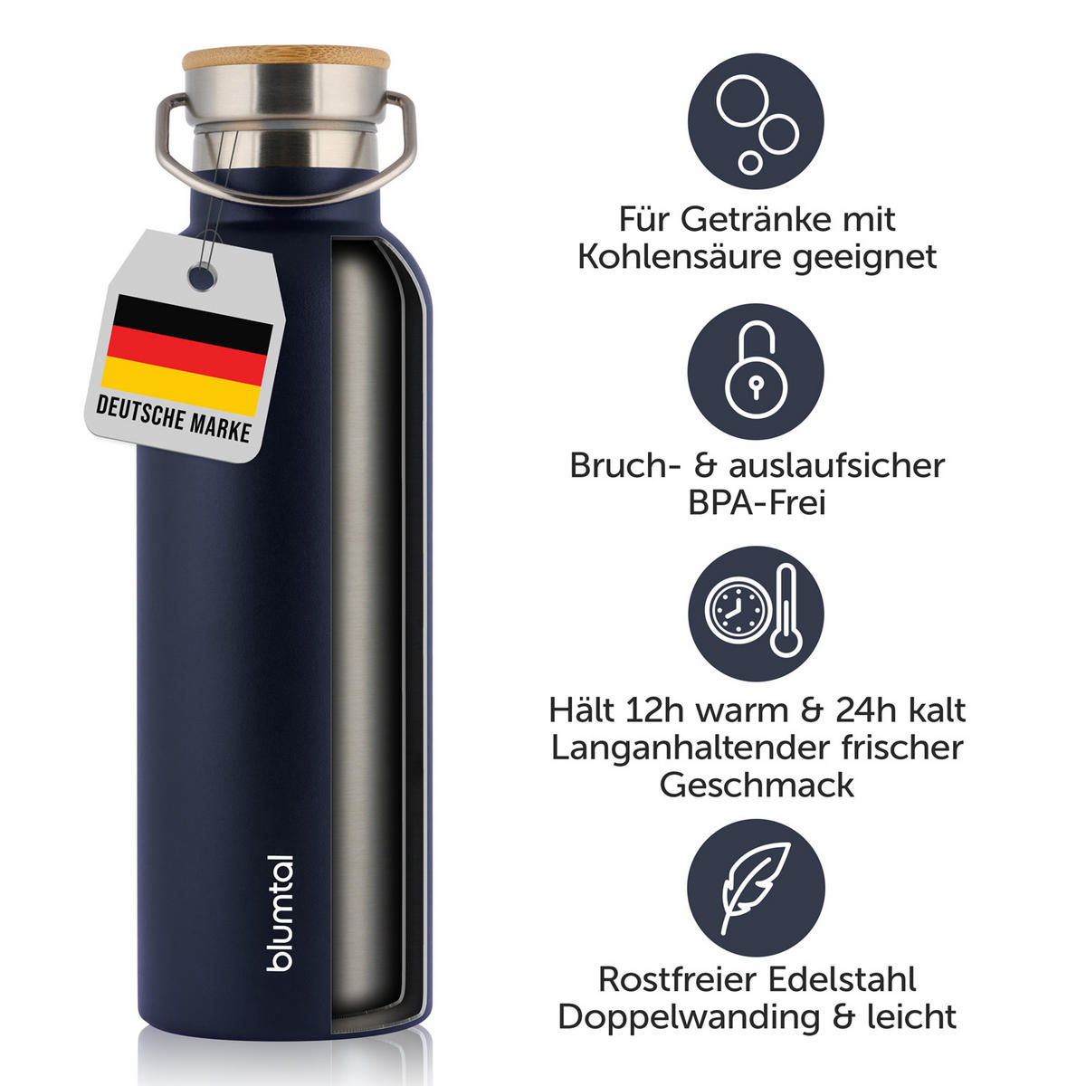 TRINKFLASCHE Leni 1000 ml, inkl. Teesieb und Sportdeckel - Dunkelblau, Metall (1L) - Blumtal