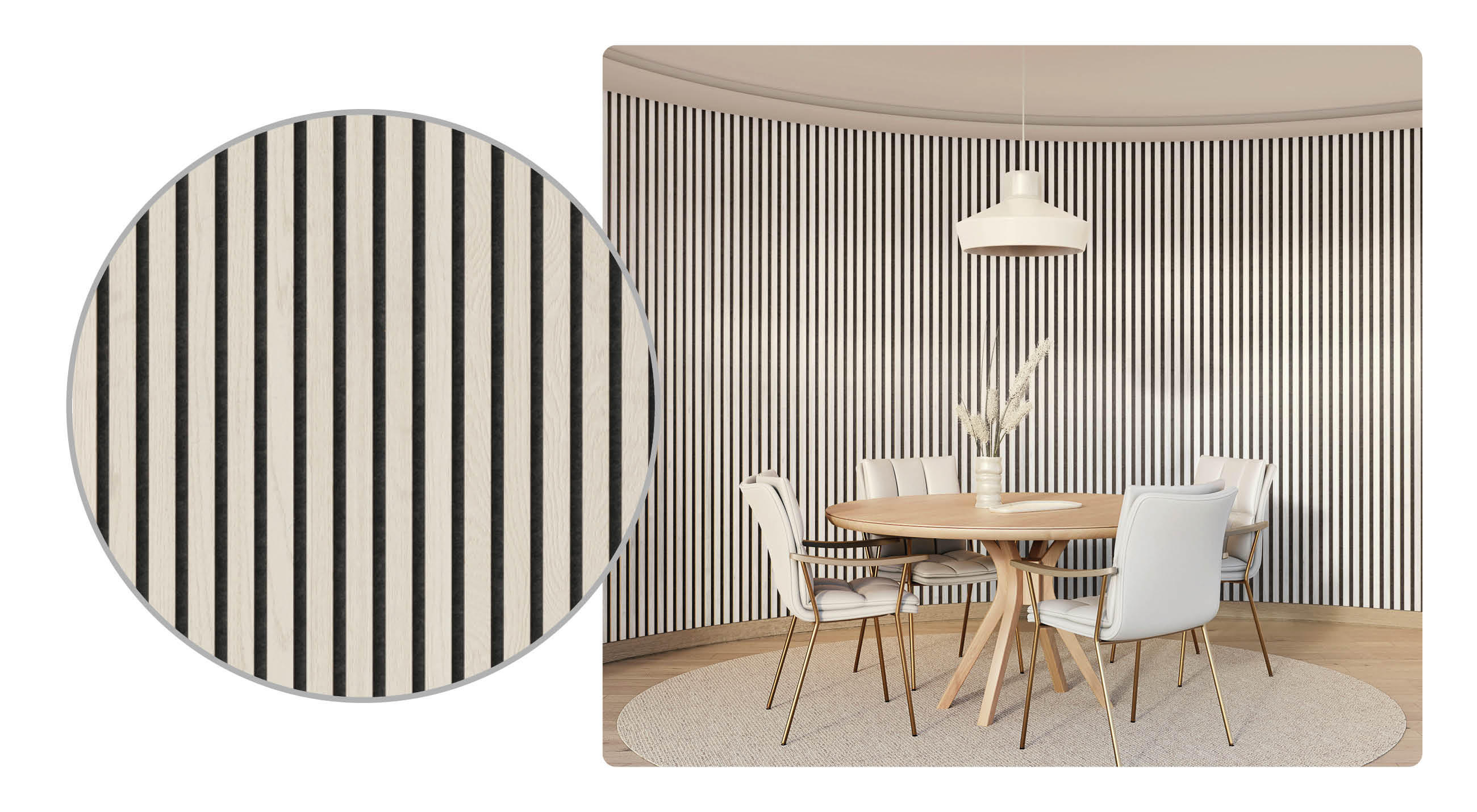 Esszimmer mit rundem Holztisch, vier weißen Stühlen, rundem Teppich und Wandgestaltung aus vertikalen, schmalen schwarzen und weißen Streifen