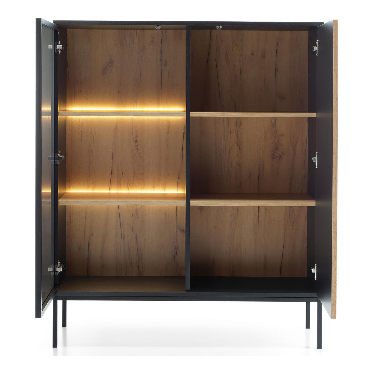 VITRINE Laval WT104 – Wotan-Eiche, Schwarz, mit LED-Beleuchtung - Eichefarben/Eiche Wotan, Glas/Holzwerkstoff (104/126/39cm) - Komodee