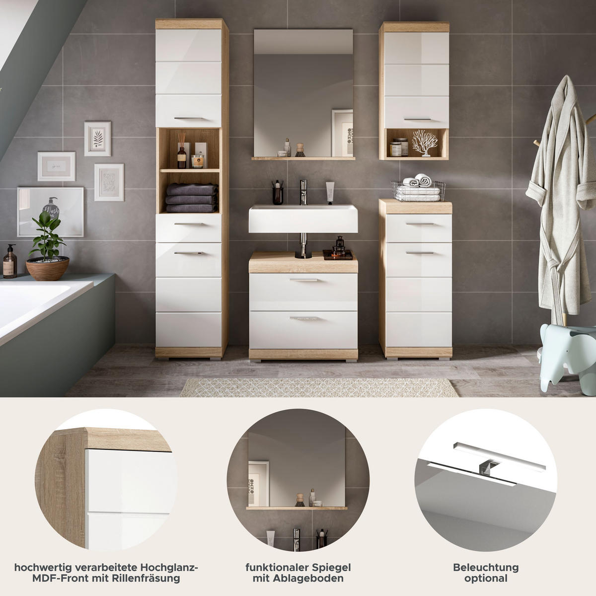 BADKOMBINATION 5tlg. Lambada Bad in Sonoma Eiche hell und weiß hochglanz B/H/T: 164x191x34 cm - Sonoma Eiche, Holz (164/191/37cm)