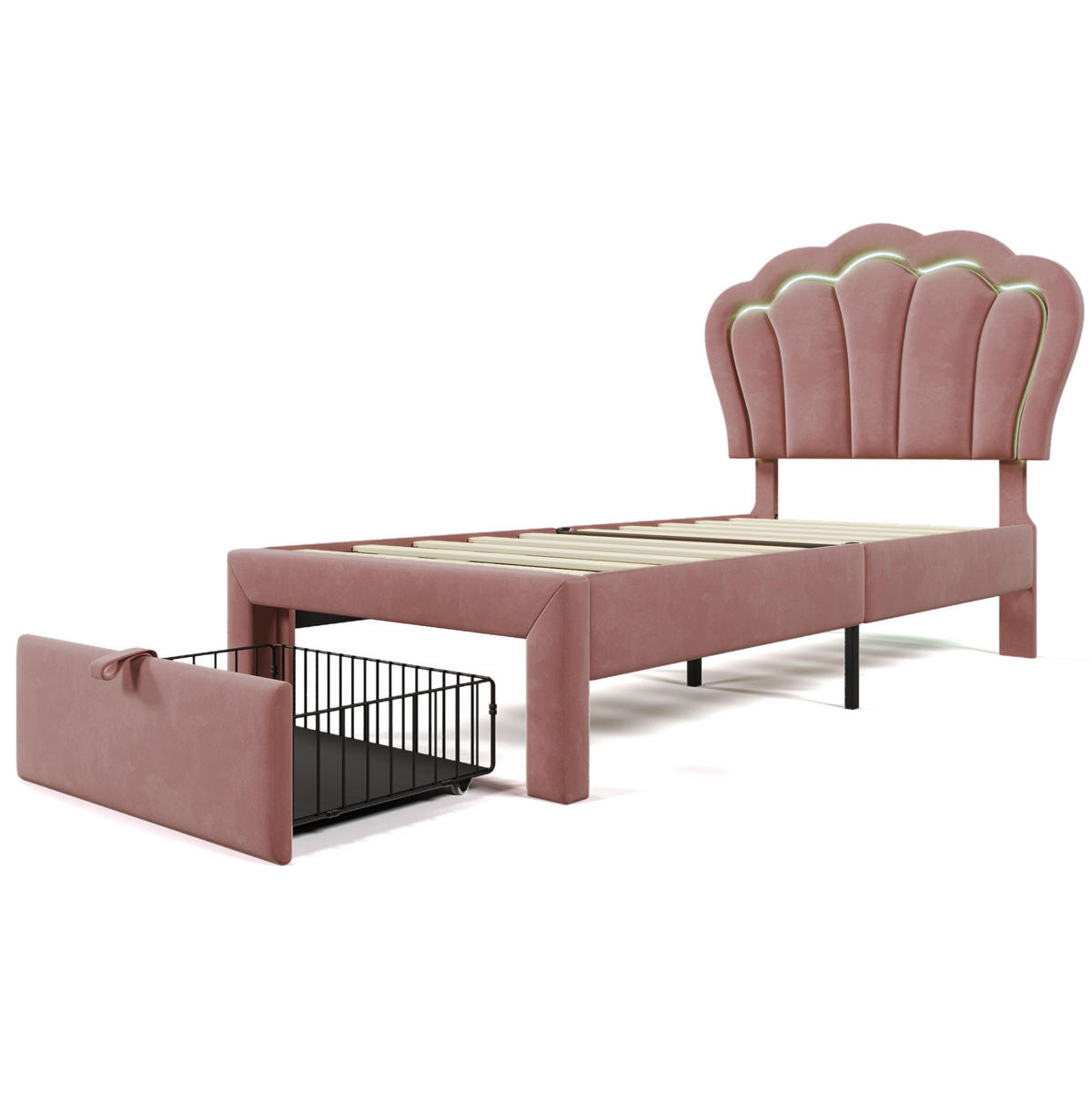POLSTERBETT 90/200 cm rosa aus Samt mit LED-Beleuchtung und Schublade - Rosa, Textil (90/200cm) - OKMYHOME