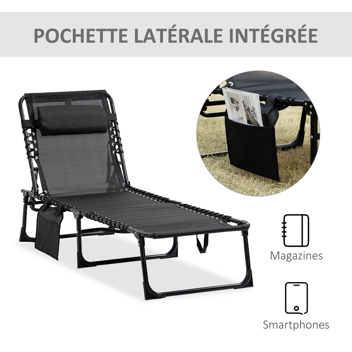 SONNENLIEGE DE-15609 189/58/30 cm, 5-fach verstellbar, Seitentasche Schwarz - Schwarz, Metall (58/30/189cm) - ComfortXL