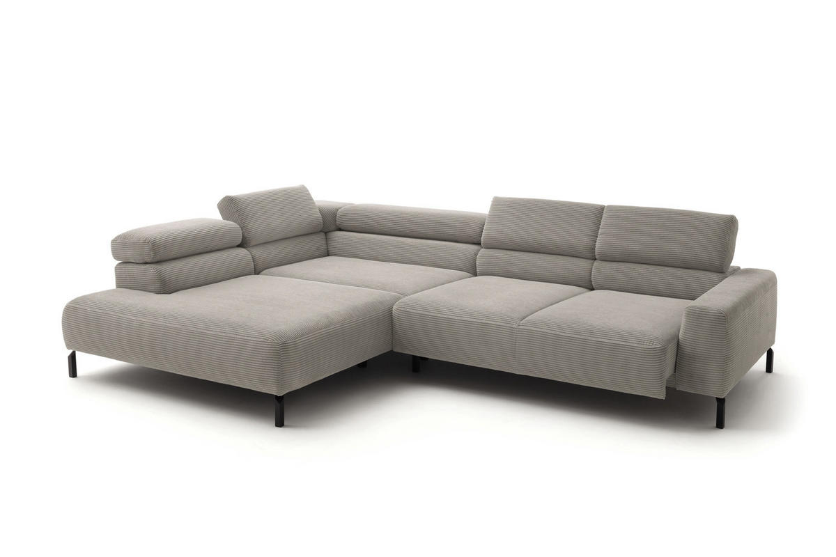 ECKSOFA MIT MOTORISCHEM SITZVORZUG DELIA Steingrau Cord - Greige/Schwarz, Textil/Metall (312/219cm) - KAWOLA