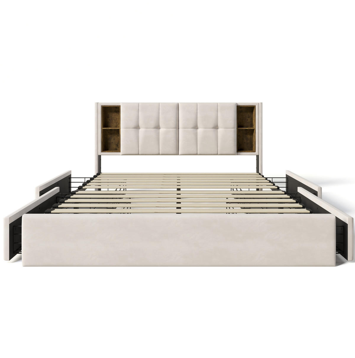 POLSTERBETT 160/200 cm Beiger Samt mit Kabellosem Laden und 4 Schubladen - Beige, Textil (160/200cm) - OKWISH