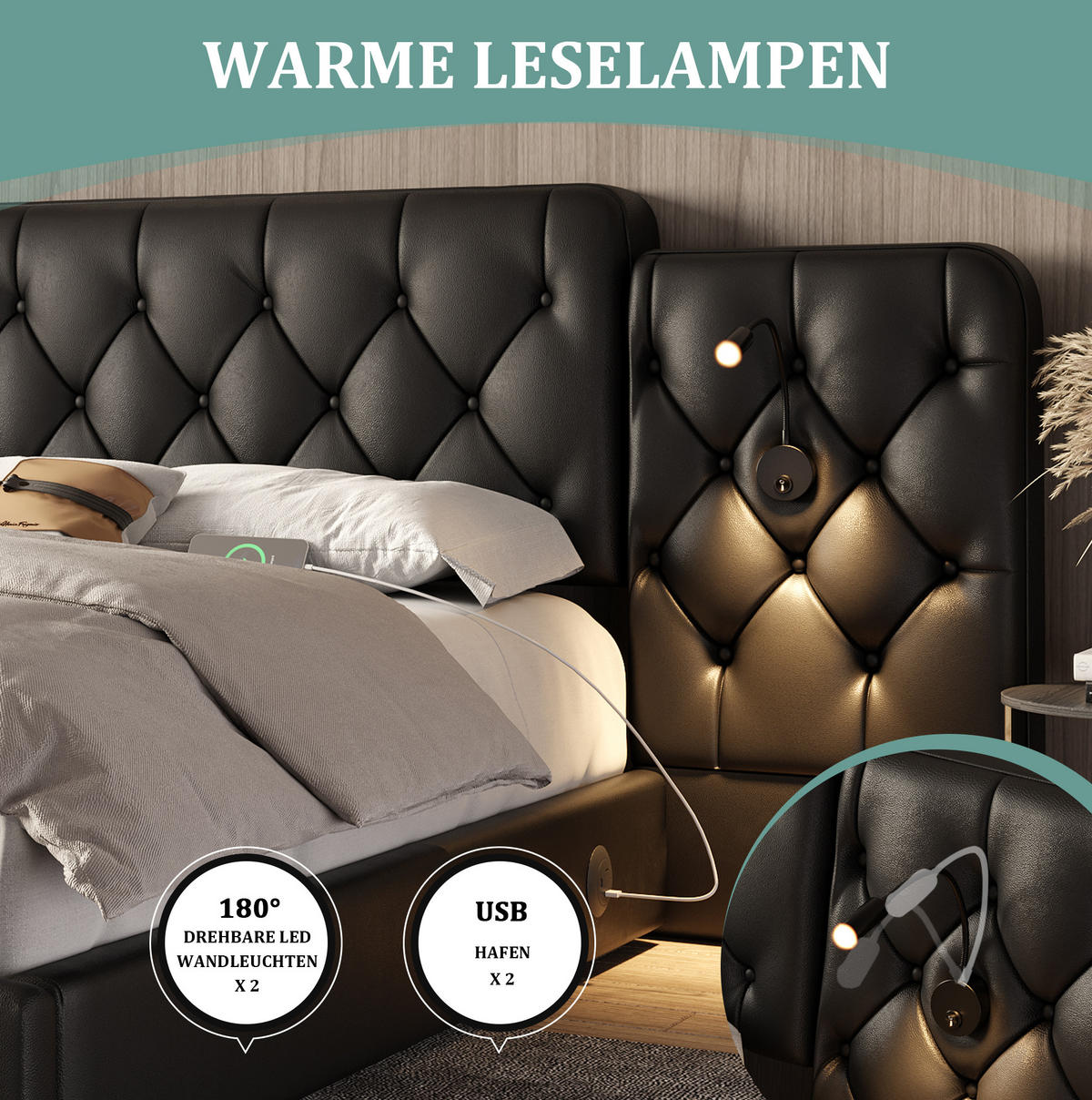 POLSTERBETT 160/200 cm mit USB-Anschlüssen, Leselampen und hydraulischem Stauraum, Schwarz - Schwarz, Leder (160/200cm) - Redom