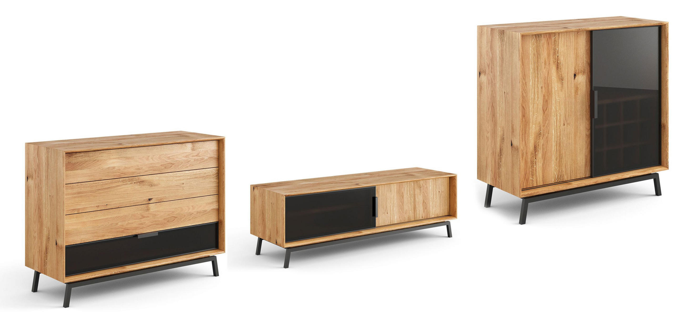 WOHNWAND 3er-Set Modern Loft Eiche Natur 422 / 50 / 101cm - Eichefarben/Schwarz, Holz/Metall (422/101/50cm) - Feldmann-Wohnen