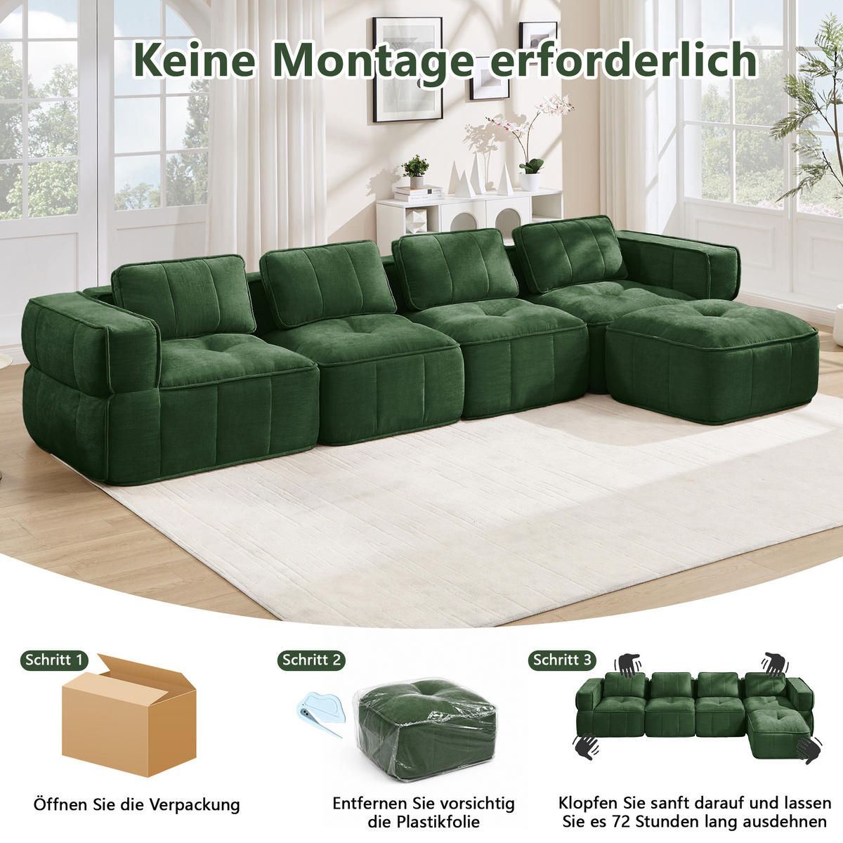 ECKSOFA 344/162/67 cm Grün mit 1 Fußhocker - Grün, Textil (344/162cm) - Oxeza