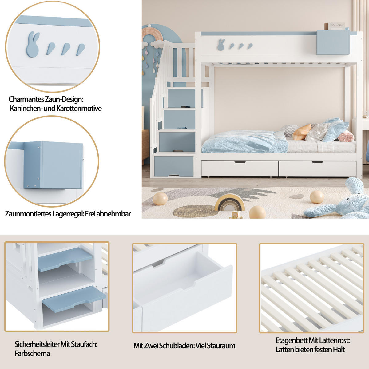 ETAGENBETT Kinderbett Weiß + Blau - Blau, Holz (90/200cm) - ComfortXL